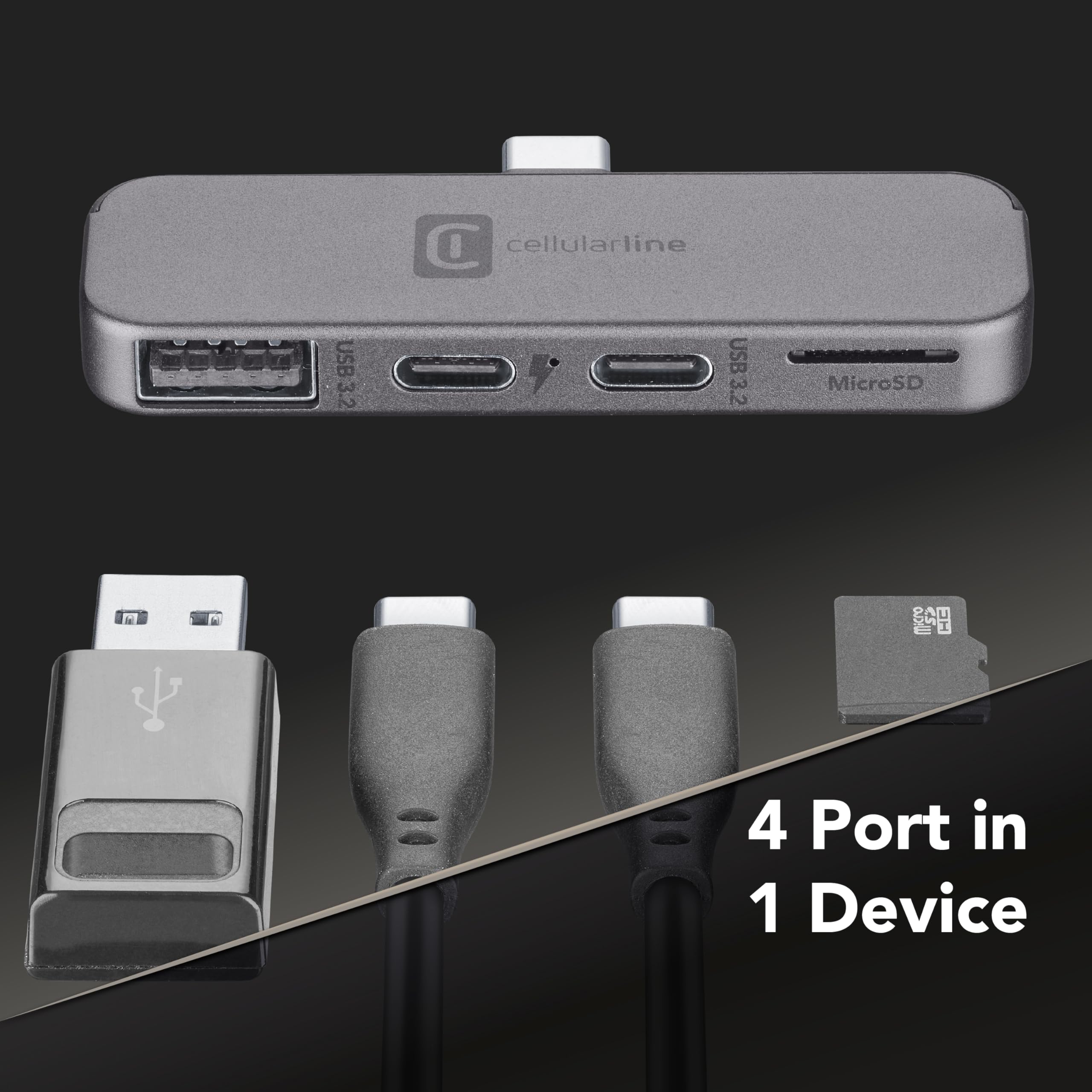 Cellularline Smartphone HUB – USB-C-Adapter mit 4 Anschlüssen (USB, 2X USB-C, Micro SD), Kompatibel mit Smartphones und Tablets, Plug & Play, Kompaktes Design