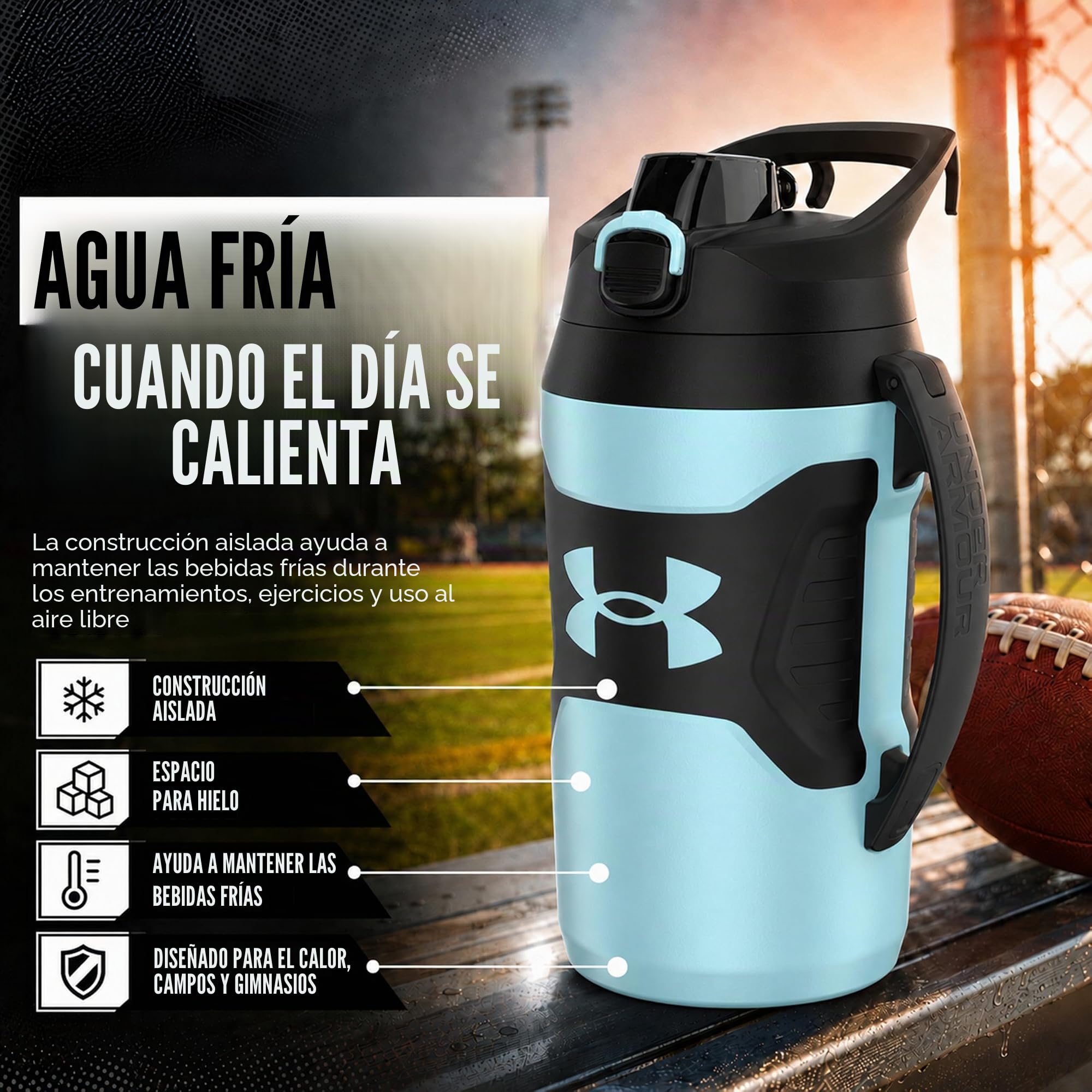 Under Armour Botella de agua de medio galón aislada, botella de agua aislada de 64 onzas con asa, jarra de agua deportiva, gancho de cerca, resistente a fugas, para béisbol, fútbol y más