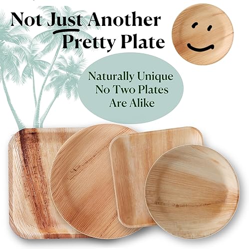 Miniatura 8 de Indie Palm Platos desechables de hoja de palma, cuadrados de 6 pulgadas paquete de 50 100% compostables, alternativa ecológica al papel o al bambú,