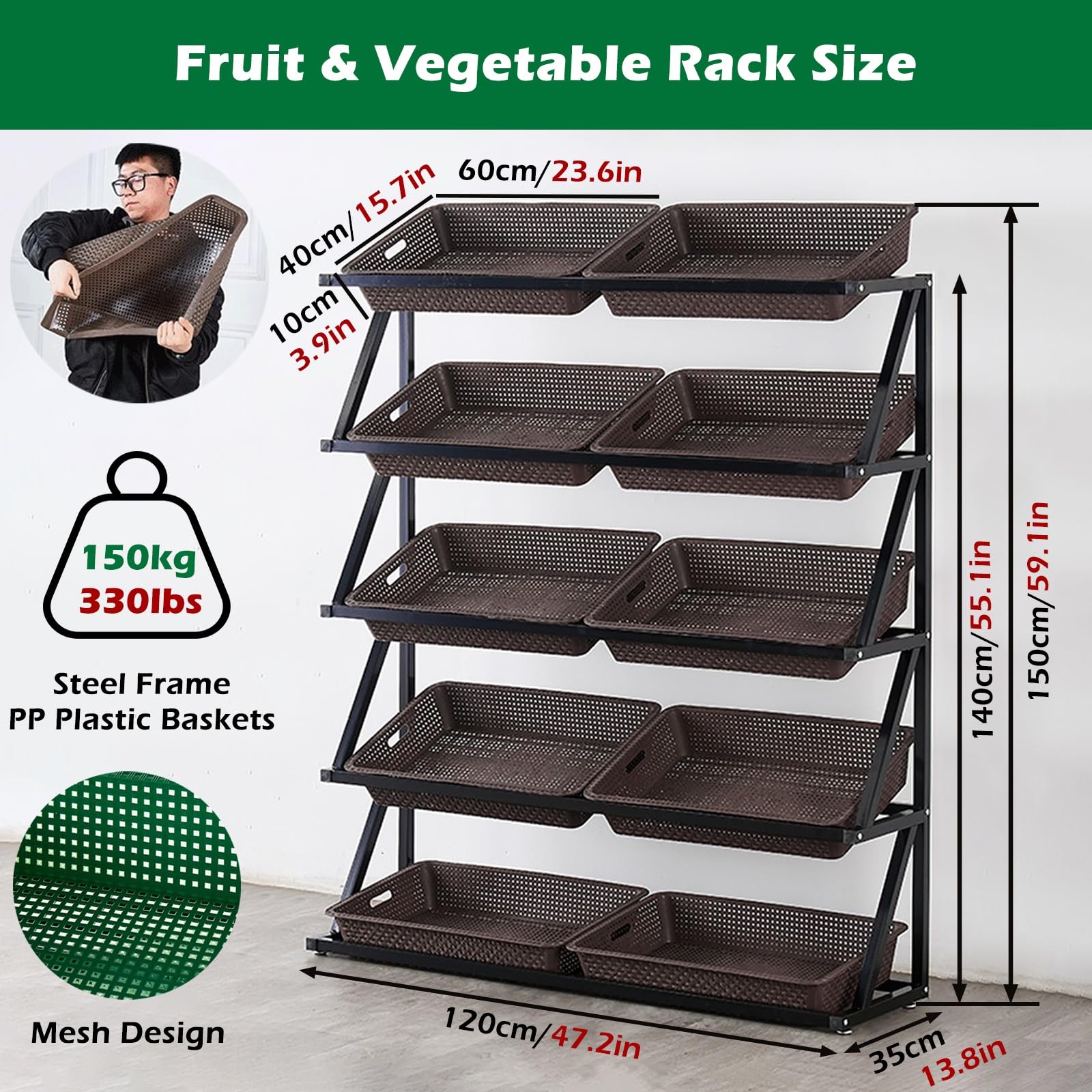 MZZKFC 4 5 Shelf Floor Standing Snack Display Stand, Large Kitchen Potato Onion Produce Racks with Green Brown Baskets, Home Retail Store Fruit Vegetable Food Storage(Color:Brown,Size:5tiers)