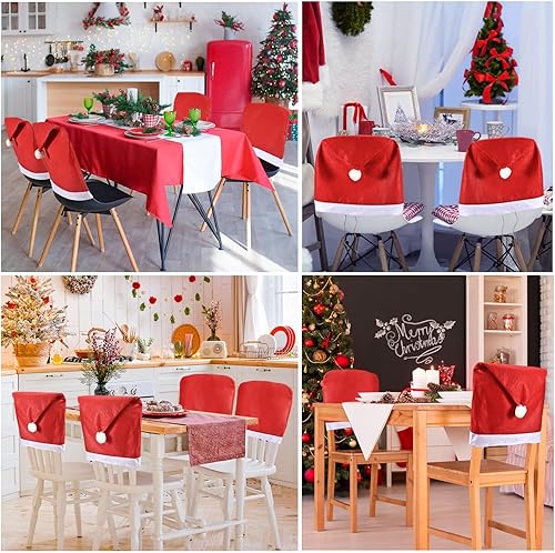 Miniatura 6 de GlyinnHe Paquete de 6 fundas para sillas de Navidad, con sombrero de Papá Noel, fundas rojas para sillas de comedor, decoraciones navideñas de