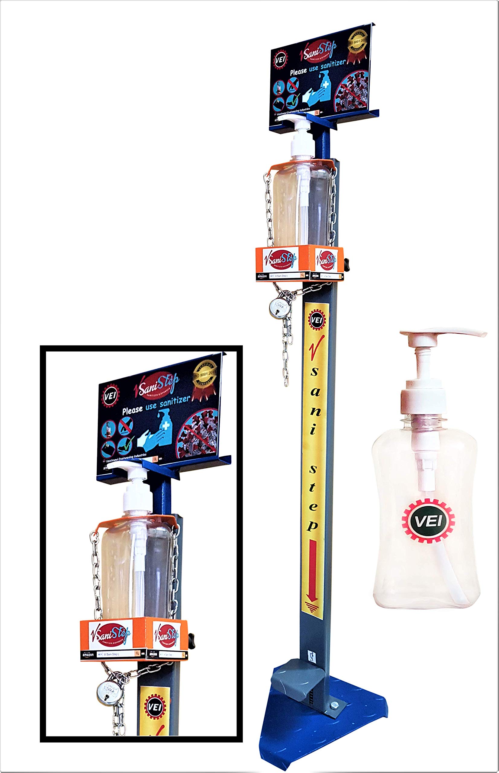 V Sani Step Lockable Max; with FREE Empty bottle 500ml with dispenser pump. A Hands free foot operated sanitizer dispenser stand / bottle locking facility.(ISO 9001:2015 certified) (Grey, Lockable Max)