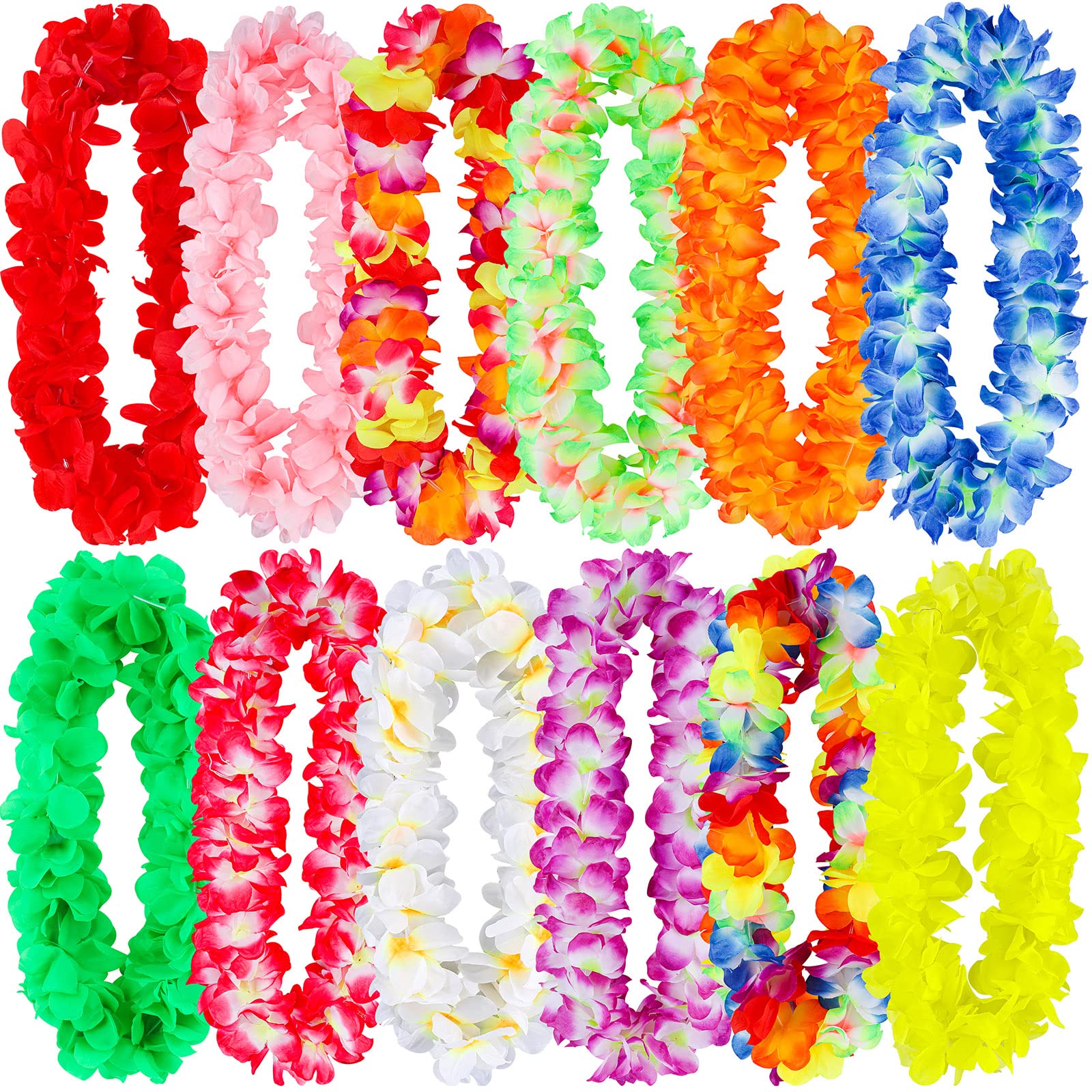 Photo 1 of ADXCO 12 Pieces Thickened Hawaiian Leis Necklace Hawaiian Garland for Hula Dance Luau Party, Floral Necklace Leis for Party Supplies Favors Celebrations and Decorations