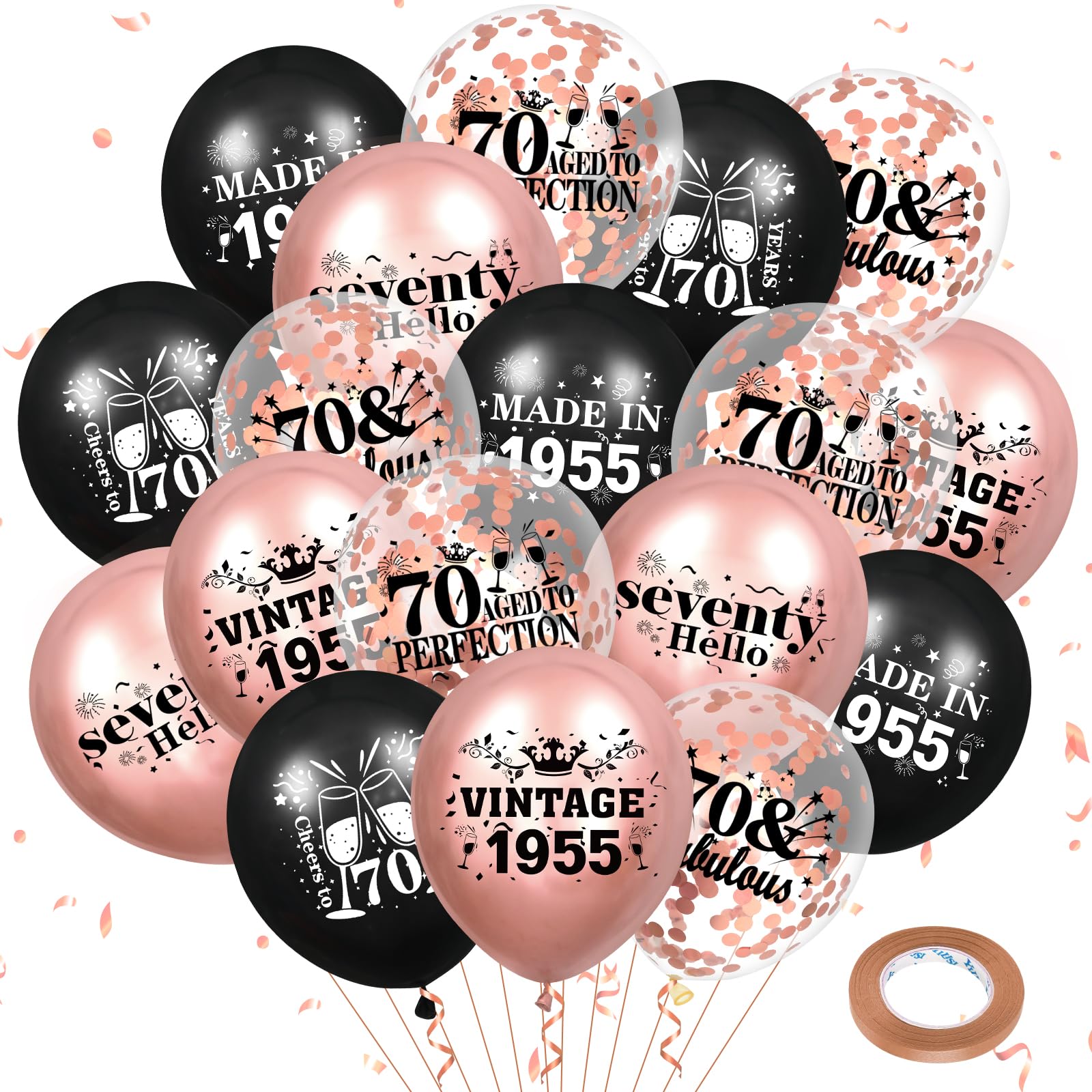 70th Birthday Balloons 18Pcs Rose Gold and Black 1955 Balloons 70th Birthday Party Decorations for Women 12 Inch Confetti Latex Vintage Sweet 70th