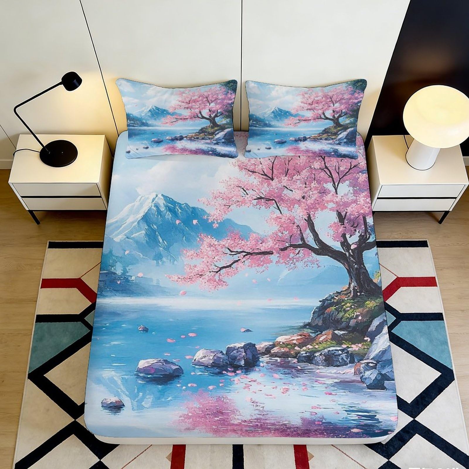 3D Printed Cherry Blossom Fitted Sheet Microfiber Soft Breathable Lake Landscape Bed Cover for Bedroom Dormitory Guest Room Mattress Protection Decor 140x200x25cm