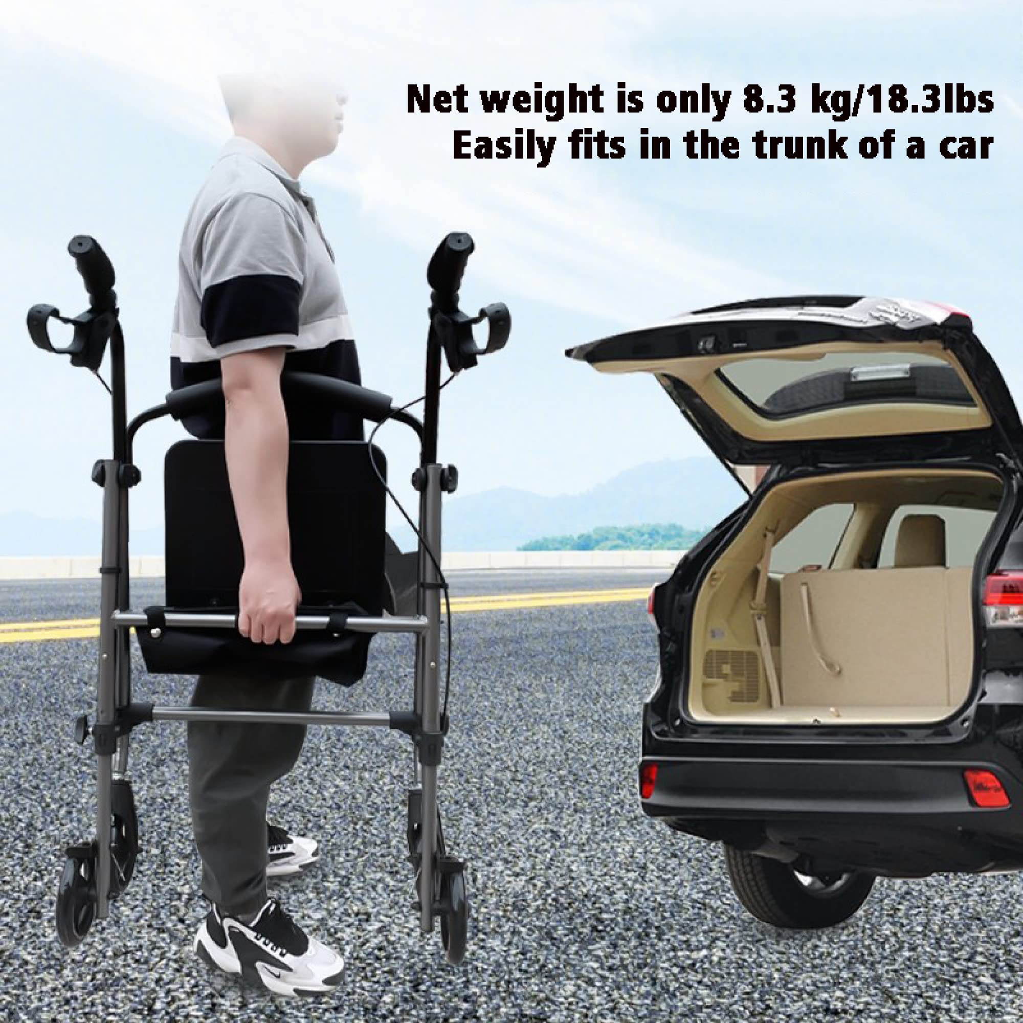 Andador con ruedas con asiento blando - Andador con ruedas para silla de transporte con ruedas de 6 pulgadas - Ayuda para caminar plegable con asas ajustables en altura - Soporte de 300 libras