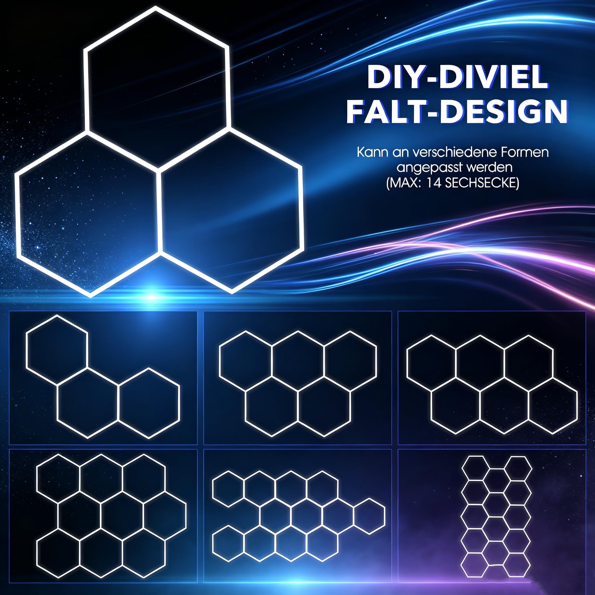 Garagenlampe Hexagon LED Deckenleuchte,14 Hexs 680W 6500K Weiß DIY Rechteck | Garagenbeleuchtung für Garage, Werkstatt, Lager, Keller, Fitnessstudio,Salon (484.5 * 243.5 * 3.7 cm)