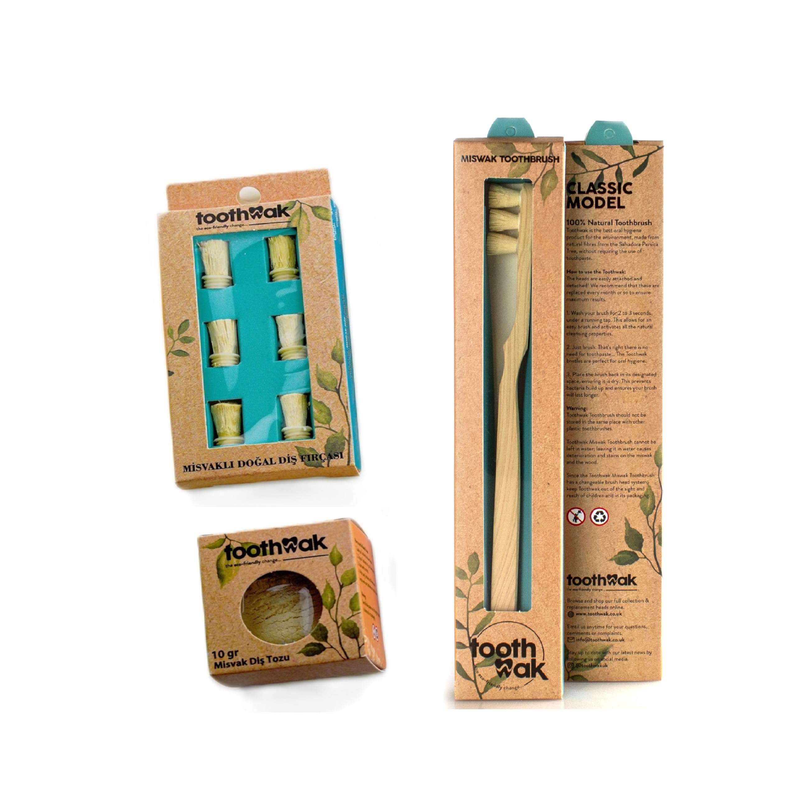 Miswak Natural 3 Head Bristles Toothbrush with 6 Replaceable Toothbrush Heads, Miswak Powder Combo Pack for Natural Bristles, Teeth Whitening, Organic and Eco-Friendly (Pack of 3)