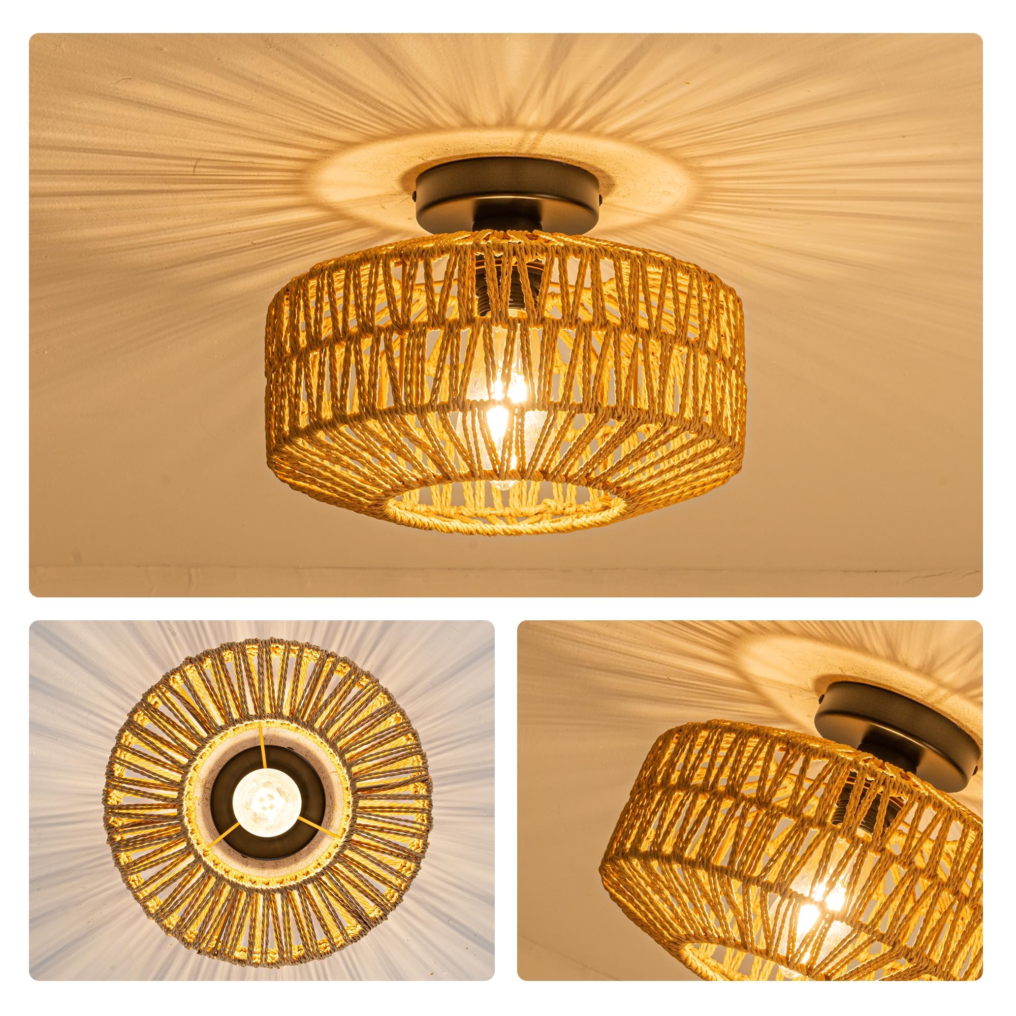 Boho Deckenleuchte Laternenform Ø30 cm Rattan Optik Metall, 800 Lumen Warmweiß (2700K), Vintage Deckenlampe für Flur Wohnzimmer Schlafzimmer, E27 Fassung inkl. 8W LED [Energieklasse E]