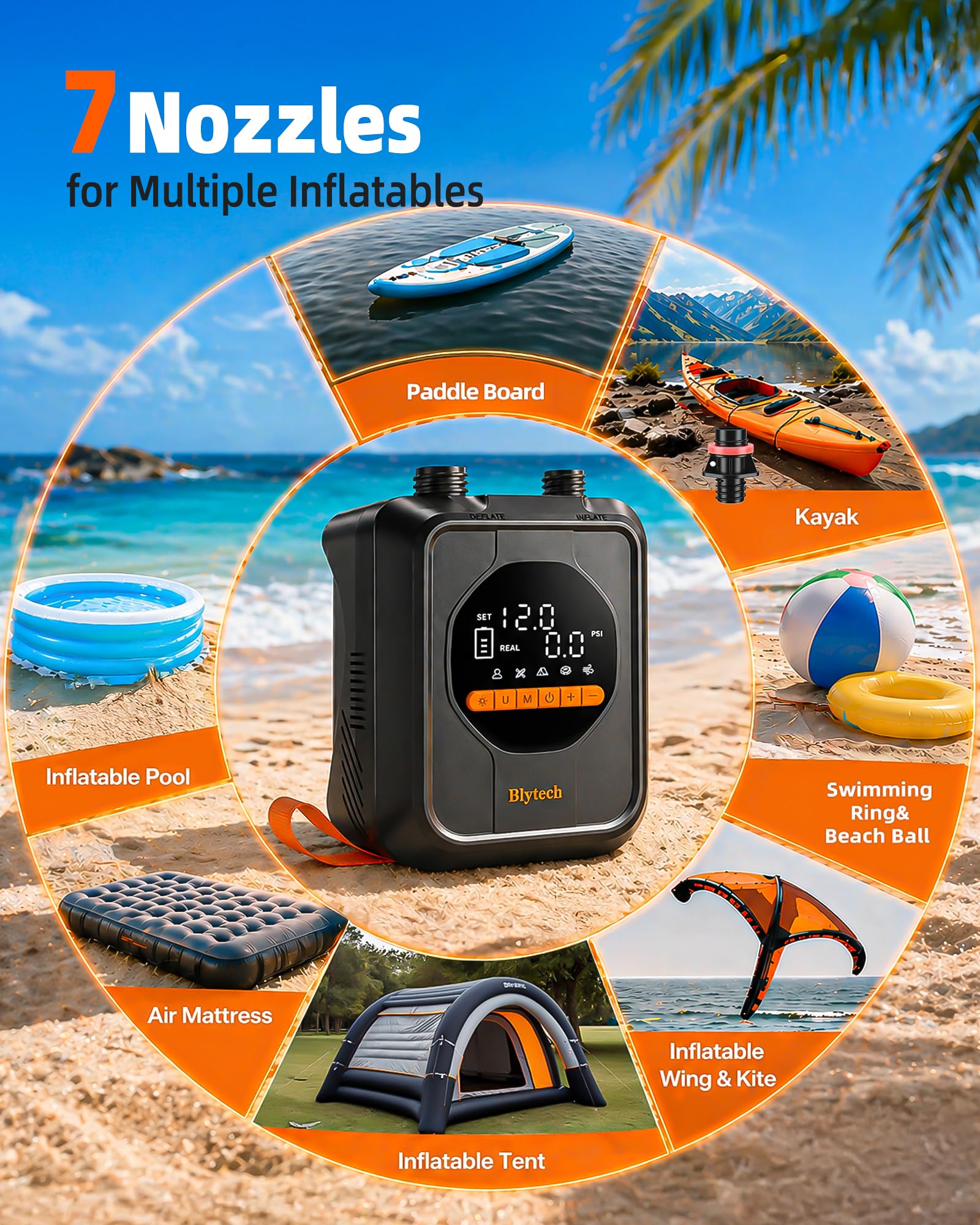 Gonfleur Paddle Electrique 20 PSI avec Batterie Rechargeable 13500 mAh,Pompe Electrique Paddle Portable,Gonflage et Dégonflage Rapides,7 Embouts pour Kayak,Tente,Bateau,Articles Gonflables