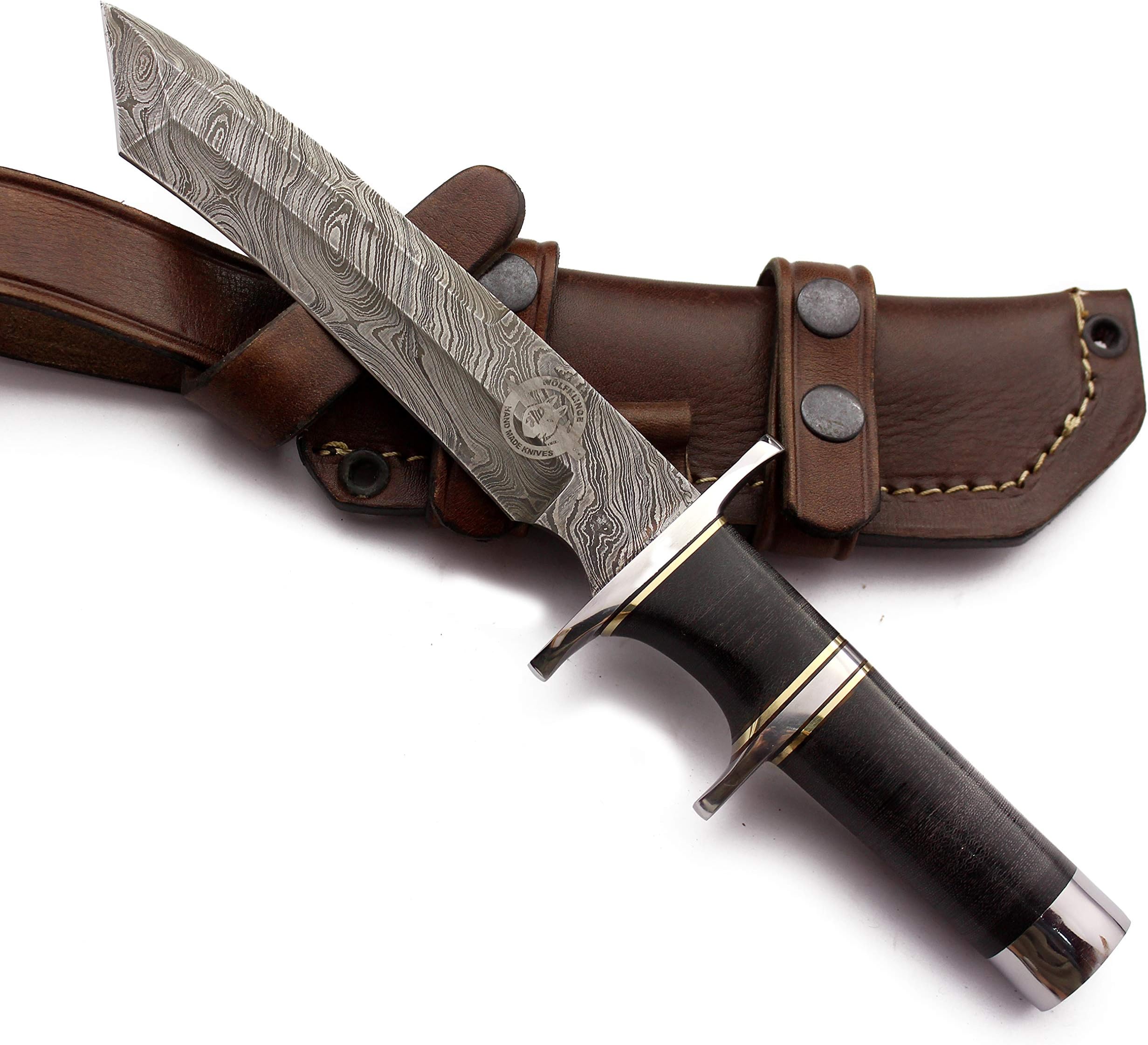 Handmade Damascus Fixed Blade Knife for Hunting,Survival,Tactical,Camping,Skinning,and Fishing with Tanto Blade-Full Tang Micarta Handel with Cowhide-Leather Sheath - DCX17-20