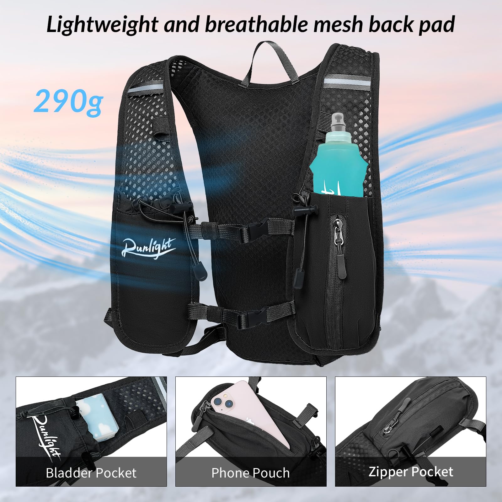 Laufweste, Leichter Wasserrucksack mit 500 ml Soft Flask, Lauf-Trinkwesten-Rucksack für Männer und Frauen, Trinkrucksack zum Wandern, Radfahren für Männer und Frauen