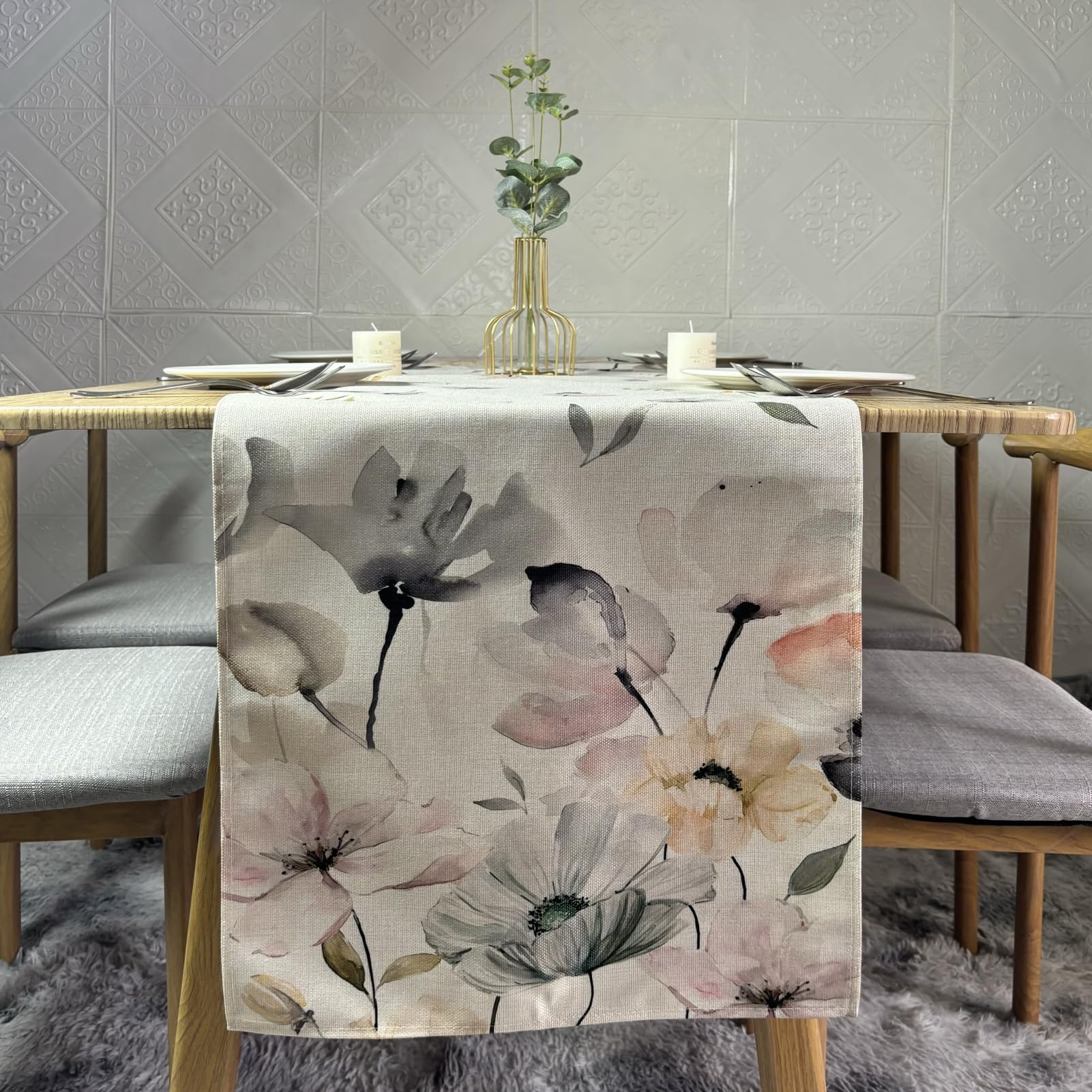 LOZULO Camino De Mesa Moderno Con Flores Silvestres, Decoración De Primavera, Resistente A La Intemperie, Mantel De Lino Lavable, Para Exteriores, Para Fiestas, Manteles De Cocina, 40 X 180 Cm