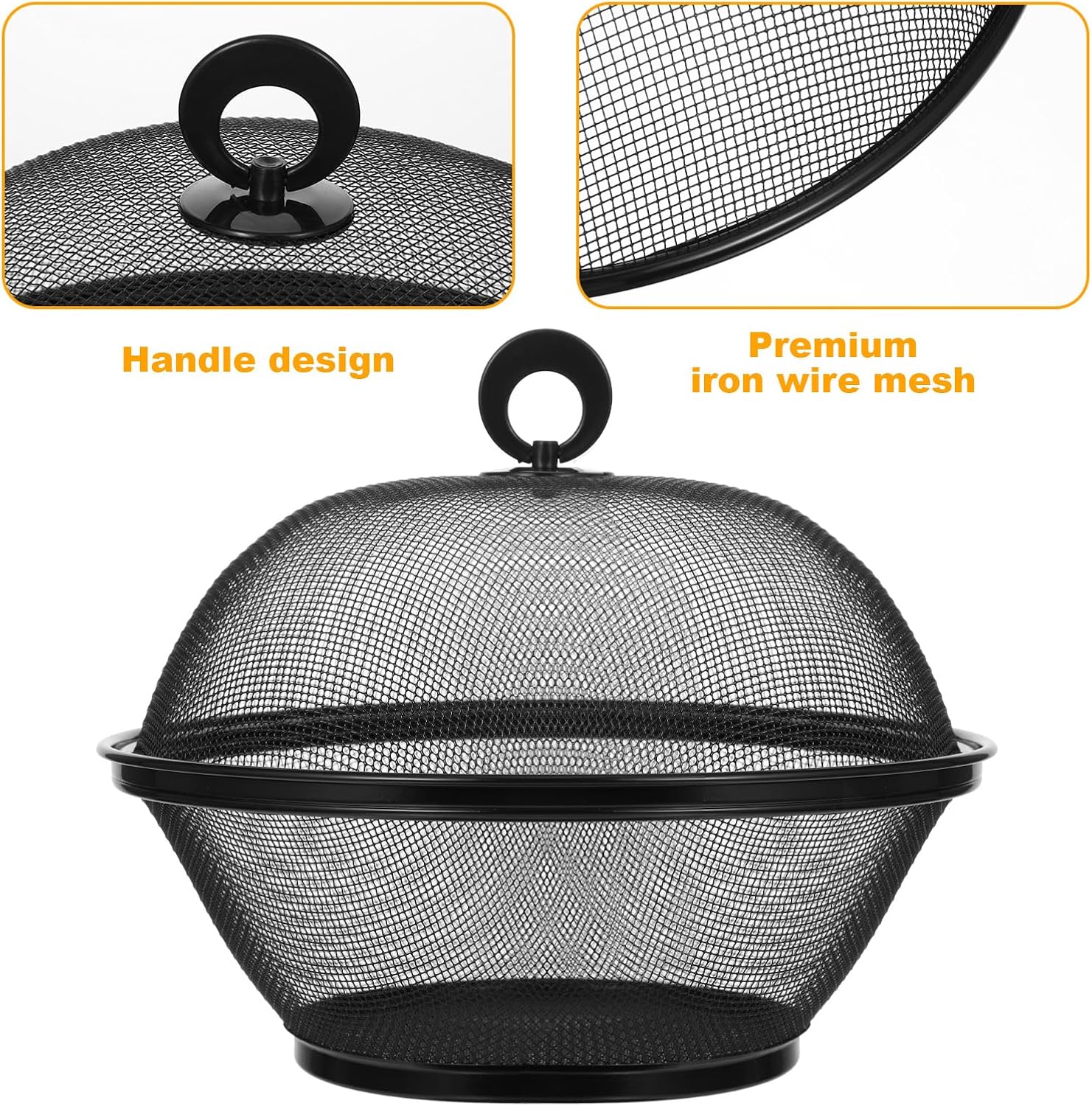 4 Pcs Mesh Food Cover with Lid, 10 Inch Iron Fruit Basket Fly Proof Strainer, Black and Red Metal Wire Container for Kitchen Countertop, Restaurant, Fruit Vegetable Storage