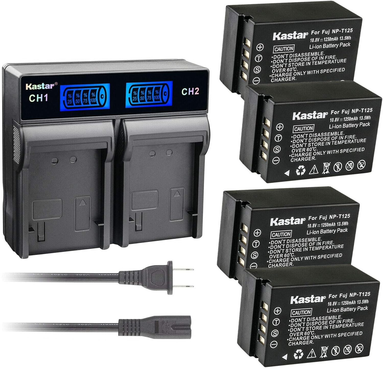 Kastar 4 Pack Battery and LCD Dual Rapid Charger Compatible with Fujifilm NP-T125 NPT125 Battery, BC-T125 Charger, Fujifilm GFX 50S GFX50S GFX 50R GFX50R GFX 100 GFX100 Camera, Fujifilm VG-GFX1 Grip