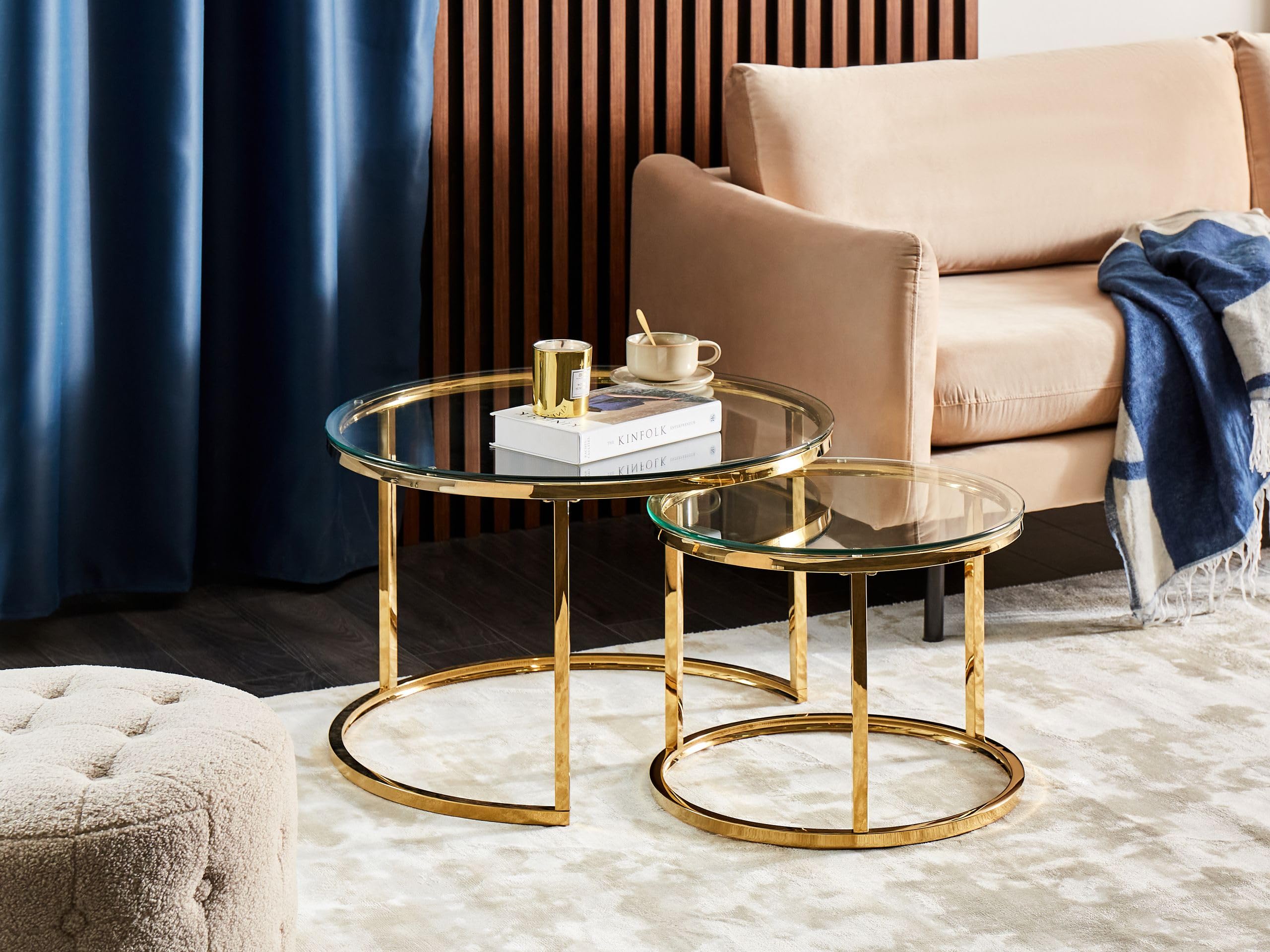 Beliani Couchtisch 2er Set Edelstahl Glas Gold rund Glamour Stil Grange