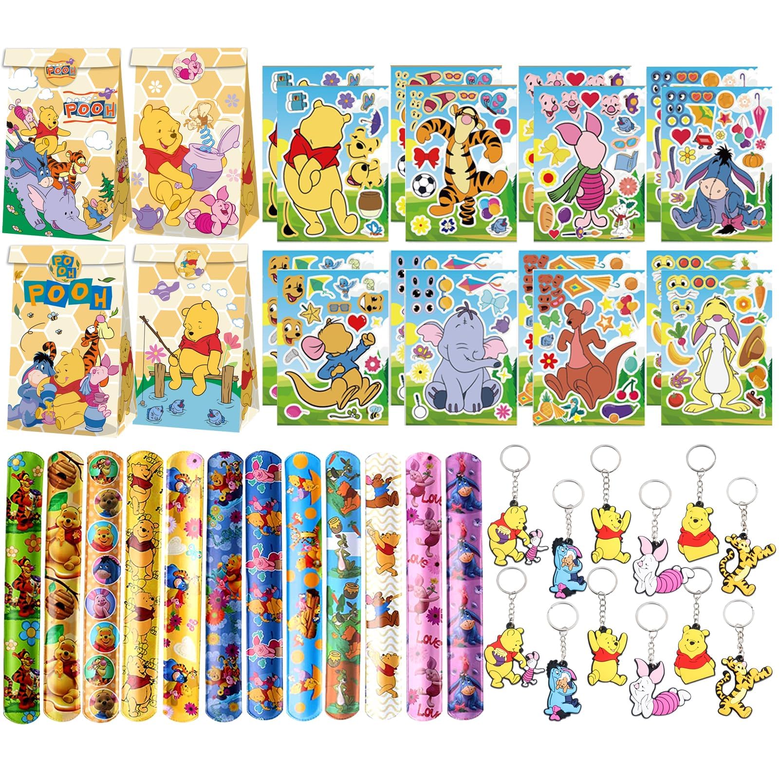 52 Piezas Favores de Cumpleaños de Winnie, Anime Bolsas de Caramelo para Fiesta, Llaveros Niños, Winnie Juguete Slap Pulsera, Cartoon Pegatinas, Regalos para Fiestas Infantiles de Niños y Niñas