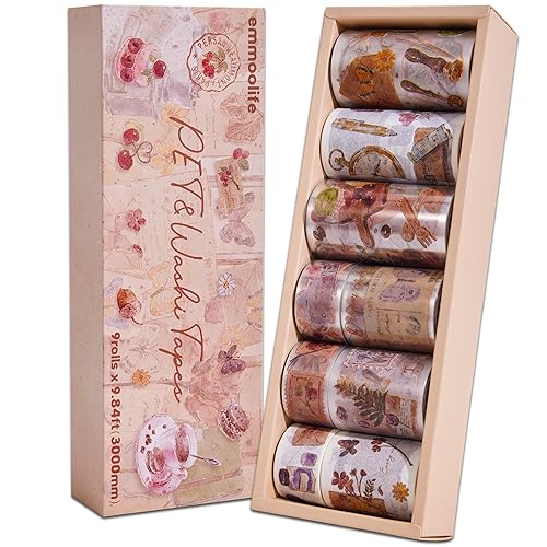 Miniatura 1 de emmoolife Cinta Washi y cintas de PET para diario, 3 rollos de cintas Washi vintage y 6 rollos de cinta de acuarela de resina impermeable, uso como