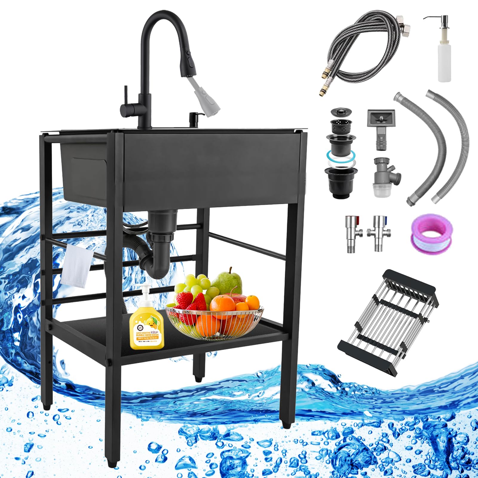 60x45x86cm Lavandino da Esterno, Witriolik Lavello da Esterno Nero con Scolapiatti e Kit di scarico e Rubinetto Alza/Estraibile, Lavello Cucina Professionale per Garage, Ristorante, Cucina, Lavanderia