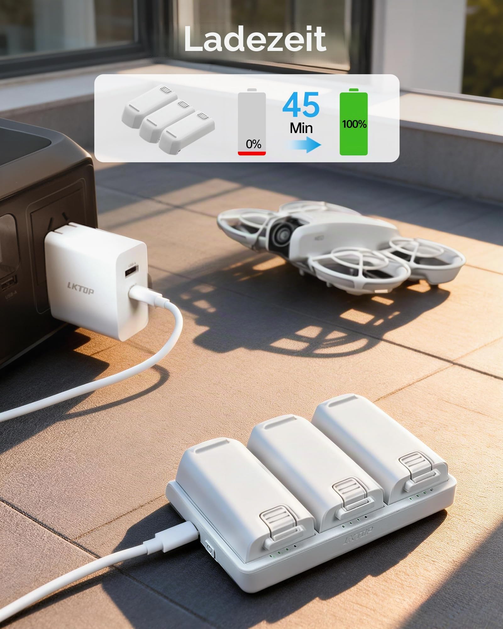 LKTOP Ersatz DJI Neo Zwei-Wege-Ladehub, 65W Schnellladegerät USB-C Power Adapter für DJI Neo Drohne Zubehör, mit Speicher-/Ausgangsmodus C auf C Kabel (Parallel Charge 3 Batterien:45min)