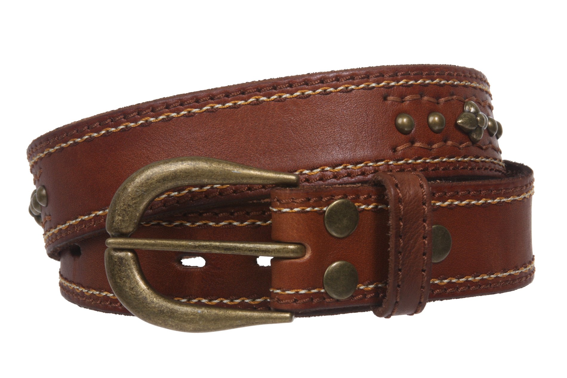 Snap On Stitching-Edged Floral Riveted Studs Cowhide Leather Casual Jean Belt, Tan | 40