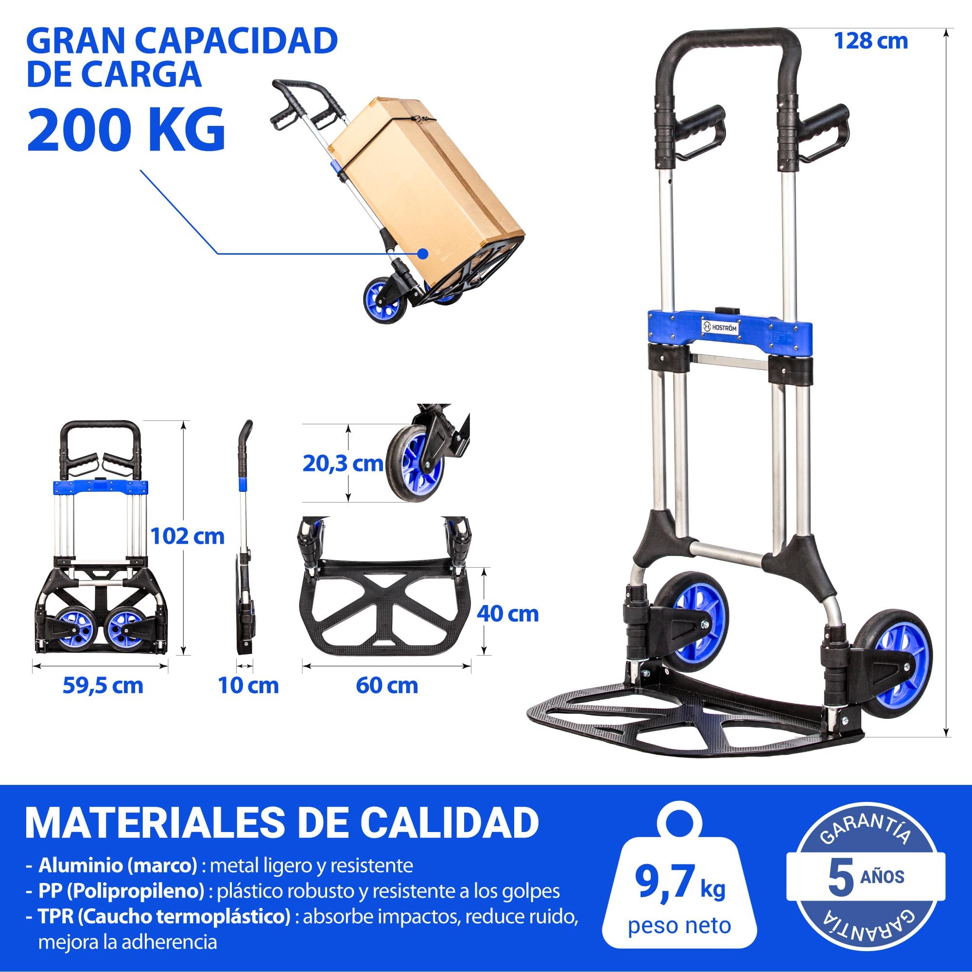 HOSTRÖM Carretilla Plegable de Aluminio de Alta Resistencia, para Transporte de Materiales, Ruedas Grandes, Carga máxima de 200 kg, 5 años de garantía.
