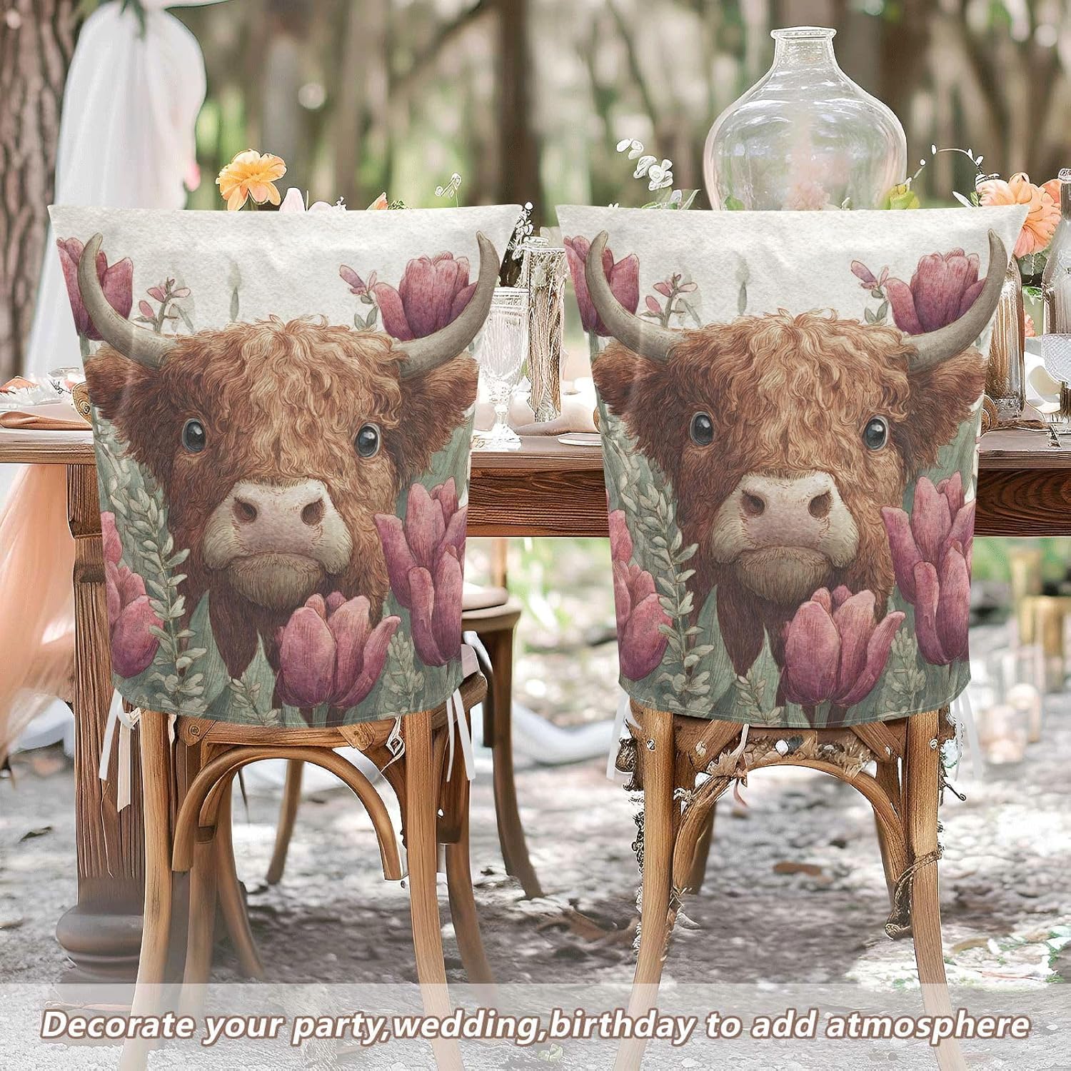 ALAZA Cute Highland Cow Tulips Flowers Chair Back Cover Set of 6, Washable Reusable Removable Chair Slipcovers Decorative Chair Cover for Home Kitchen Wedding Party