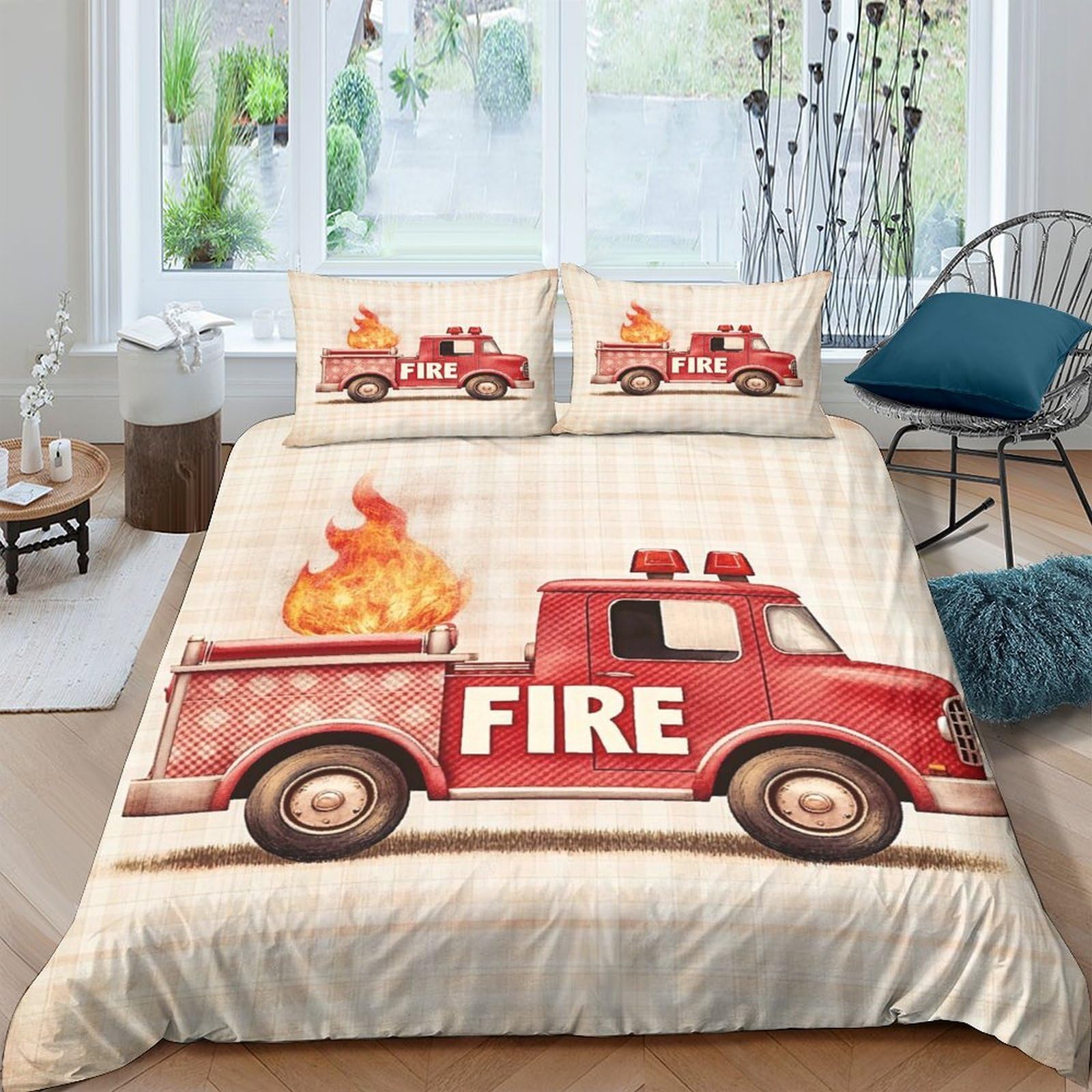 Ctjqhvkz Style-8 3D Printed Fire Truck Fitted Sheet Microfiber Soft Anti-Slip Flame Pattern Bed Cover For Bedroom Dorm Mattress Protection Single（135X200cm）