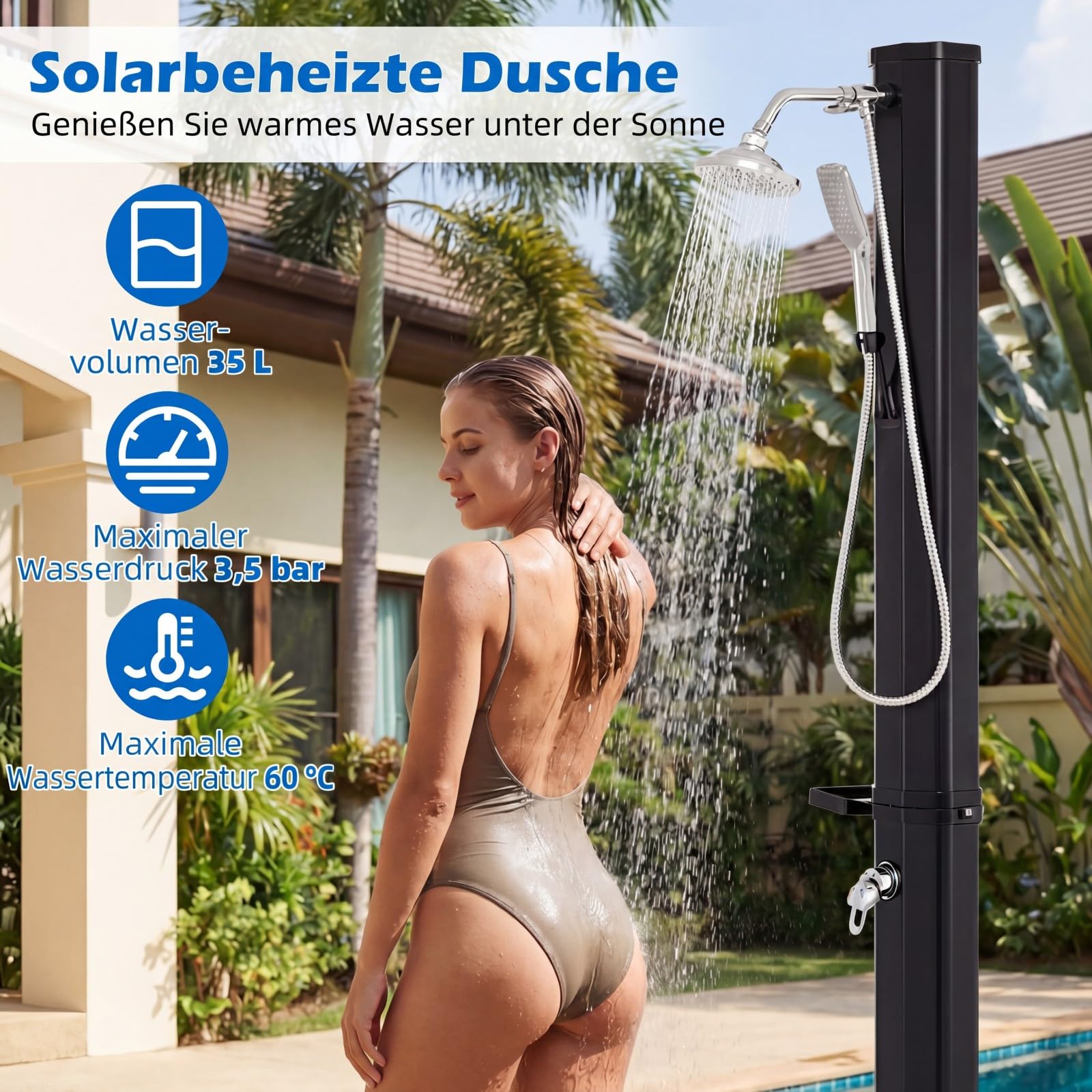 COSTWAY Solardusche 35L mit Handbrause inkl. Abdeckung | Gartendusche mit Ablage, Regenduschkopf und Wasserhahn | warmes Wasser | max. 60°C | ohne Stromanschluss | Pooldusche Camping | Schwarz