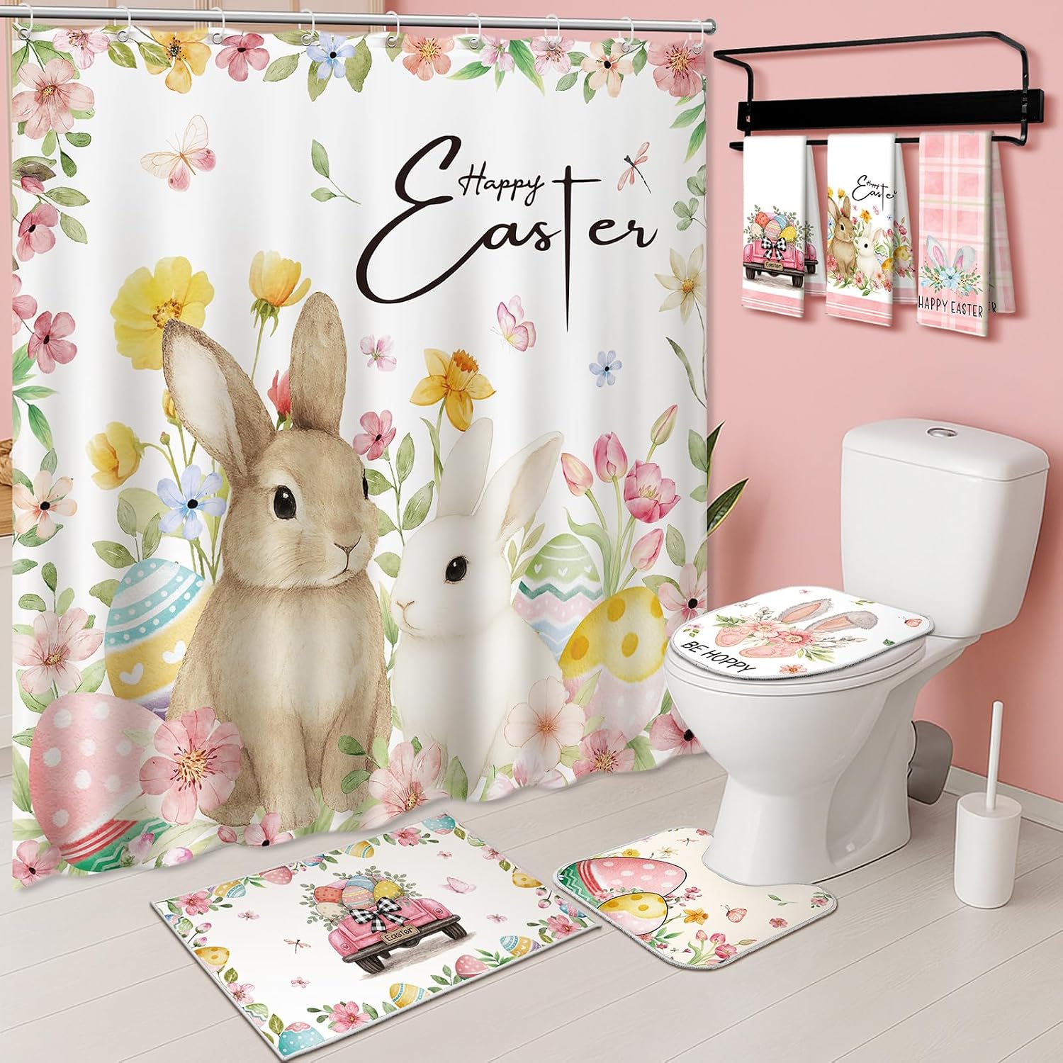HunnmingRe 7 Pcs Fall Shower Curtains for Bathroom Pumpkin Bathroom Decor