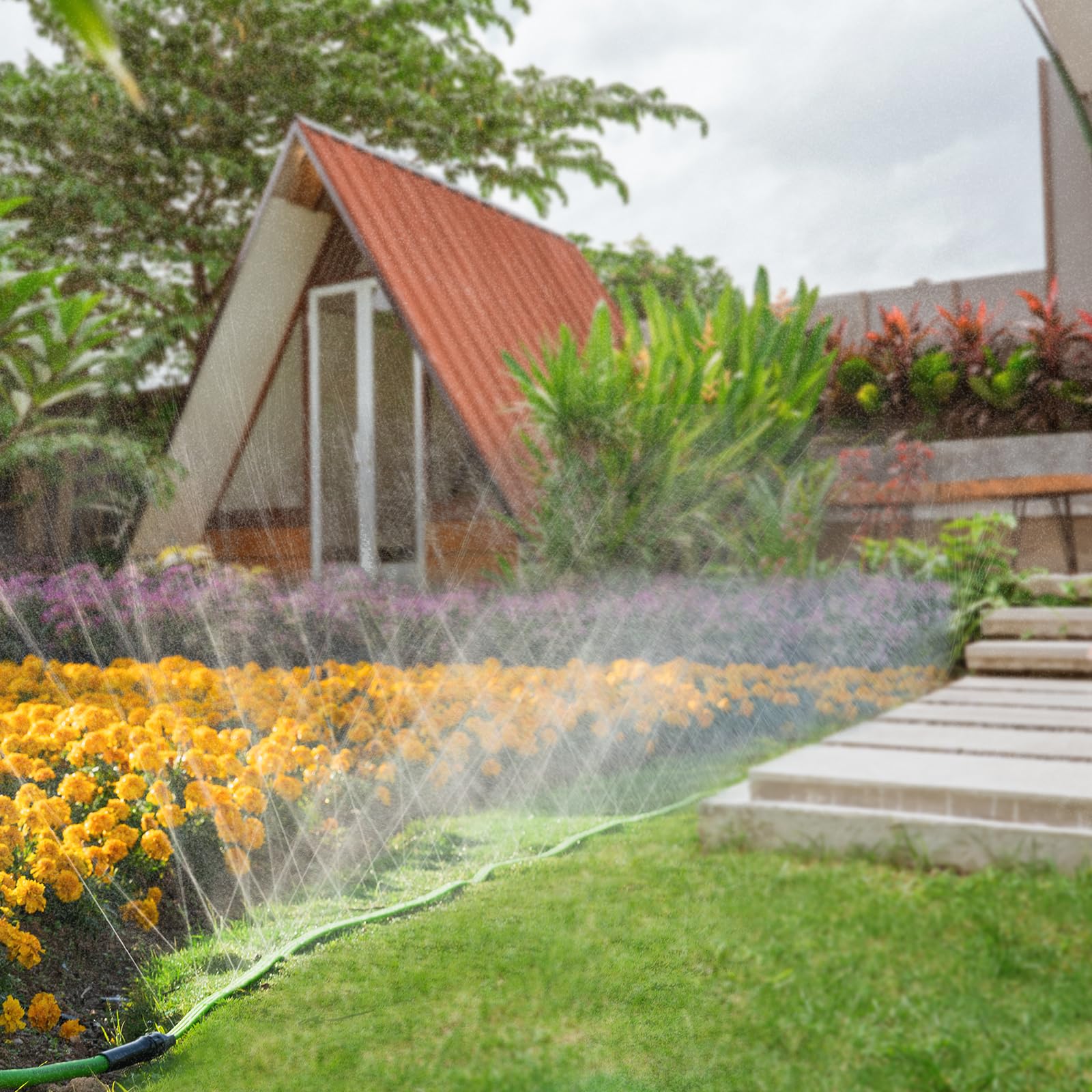 Manguera de riego de 75 pies con agujeros, manguera de riego de jardín con estacas, aspersor de manguera de goteo, ahorro de agua eficiente para césped, jardín y patio, a prueba de fugas