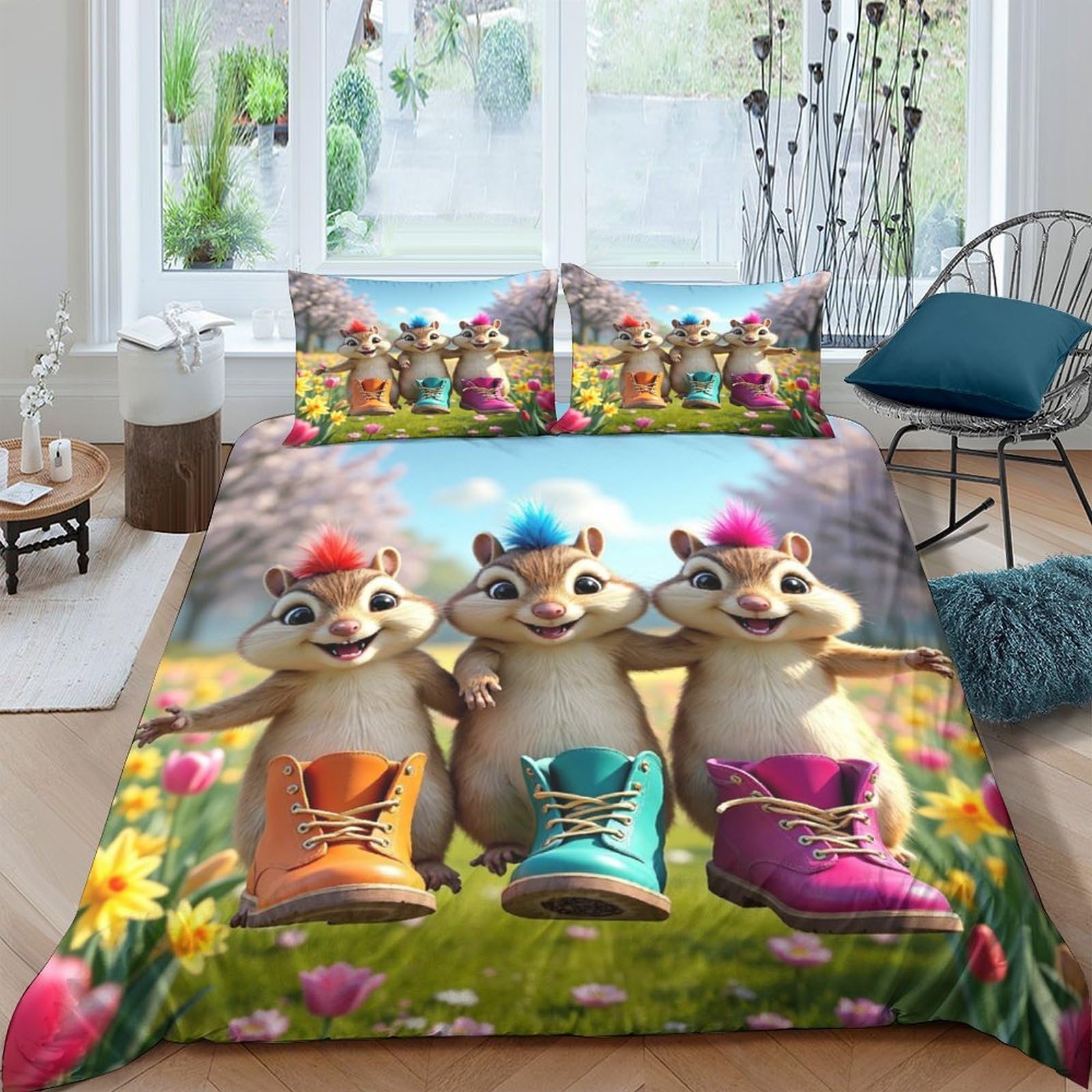 Ctjqhvkz Style-7 3D Printed Cartoon Chipmunk Fitted Sheet Microfiber Colourful Forest Animal Bed Cover For Bedroom Dorm Protection Decor Single（135X200cm）