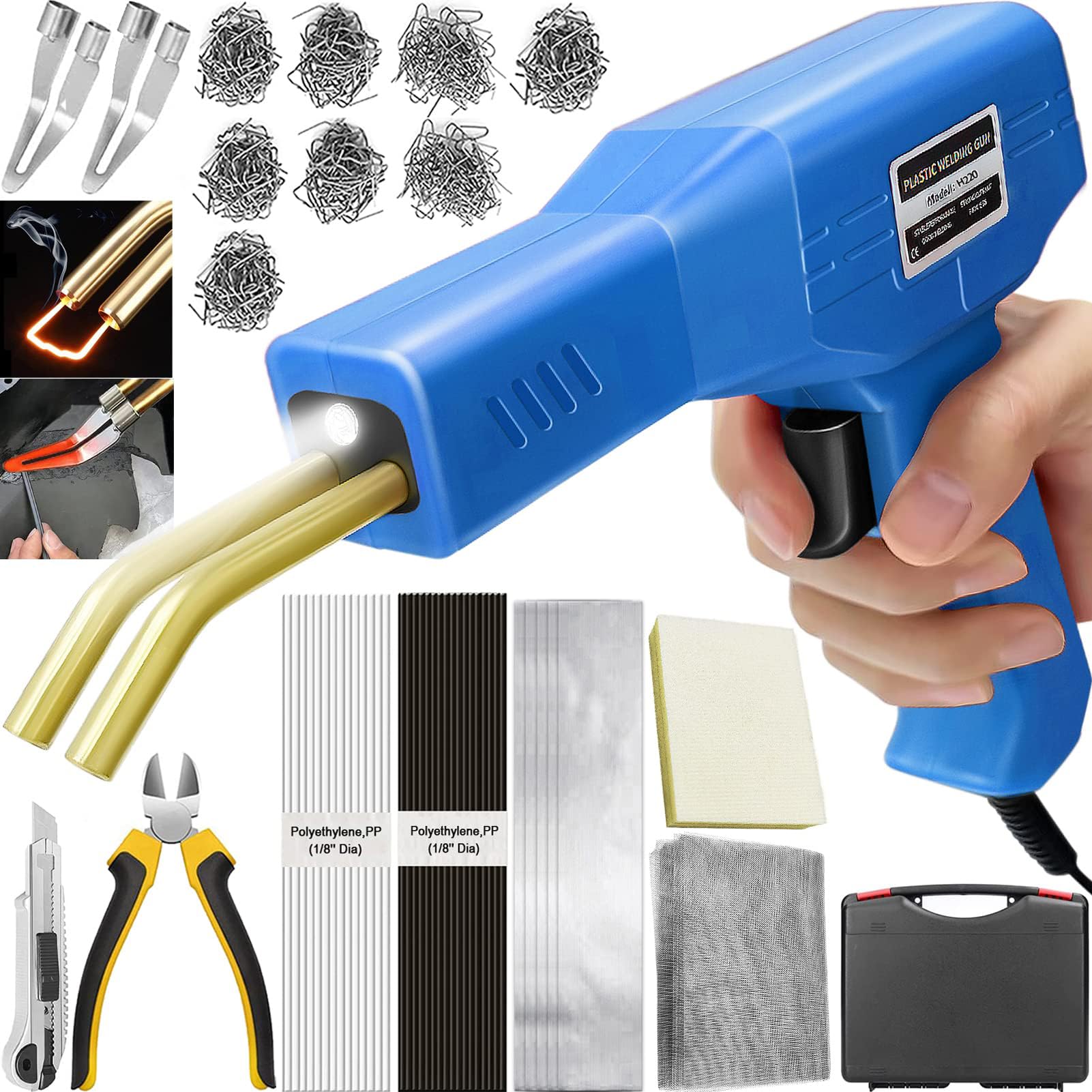 220W Kunststoff Schweißgerät 2 in 1 Stoßstangen Reparatur Set mit 800PCS Hot Hefter, 2 Thermische Glättköpfe, 40PCS Schweißstäbe, Auto Reparaturset (blau)