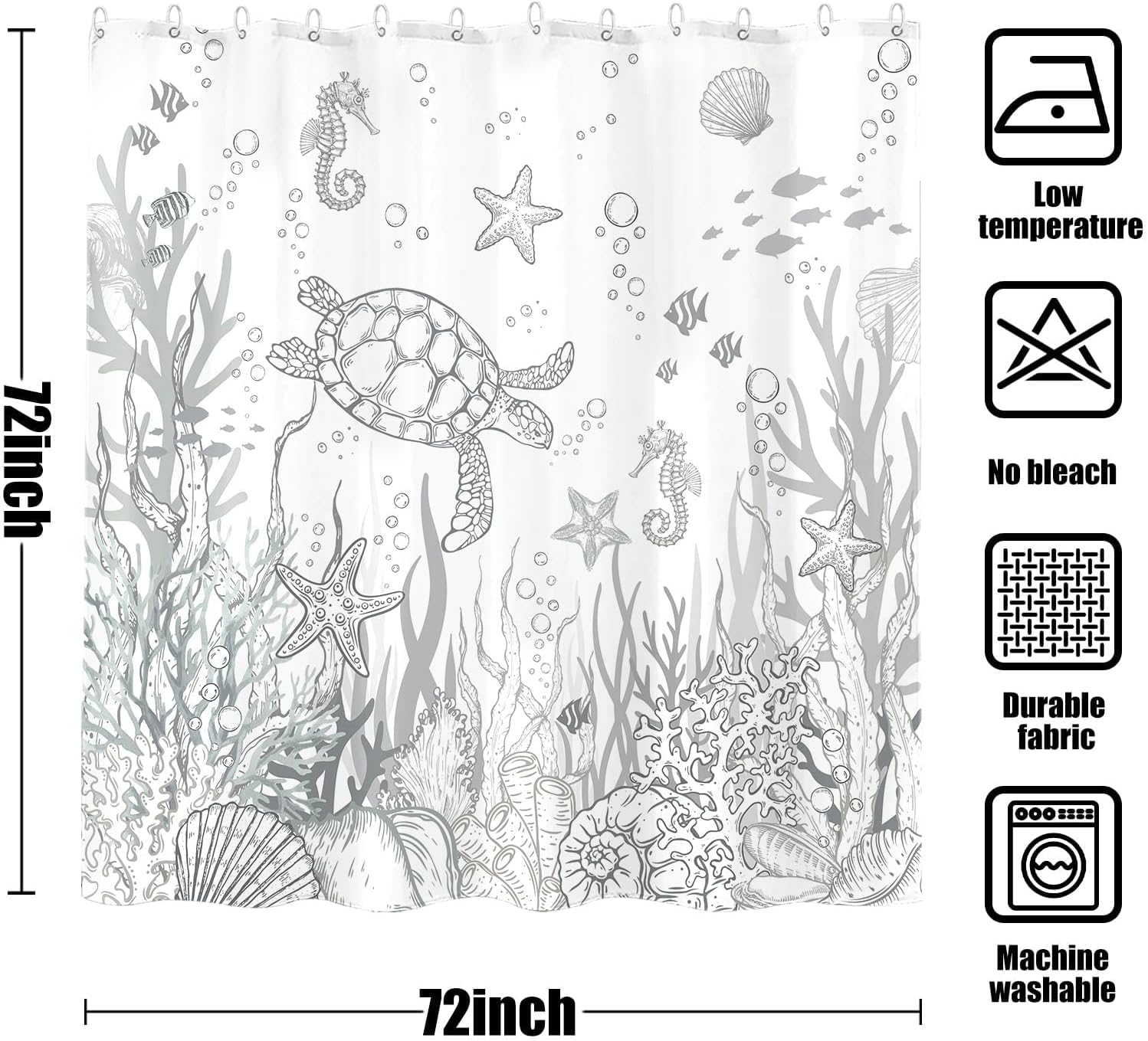 Nautical Coastal Turtle Shower Curtain, Coral Starfish Seashell Ocean Themed Bathroom Curtain, Underwater Seahorse Bathroom Decor Grey 72 x 72 inch
