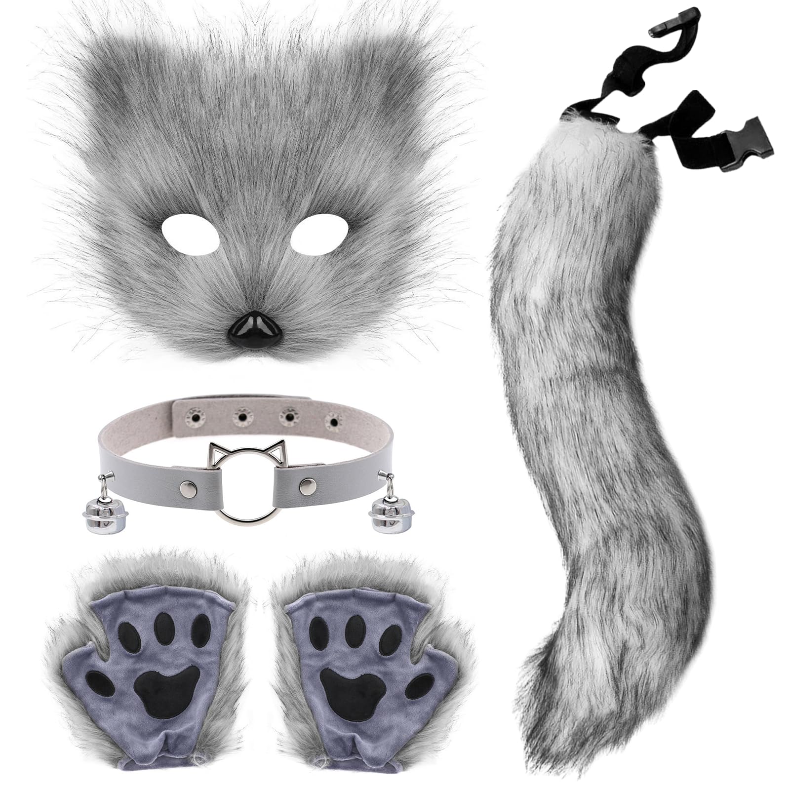 Xerteam Faux Fur Fox Costume, Fluffy Cat Wolf Cosplay Costume Set Plush Fox Tail Mask Bells Necklace Gloves