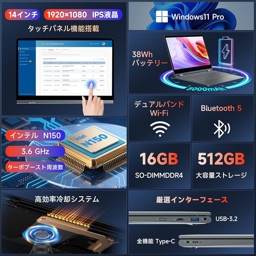 N150ノートパソコン16+512GB 14インチ Windows 11 Pro CHUWI 爆買 WPS Office付き ノートパソコン Win11 intel N150