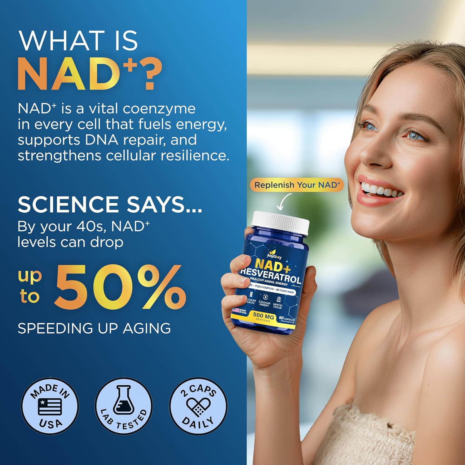 NAD+ Supplement with 500mg NR, Resveratrol, CoQ10, PQQ- 5-in-1 NAD Formula |NMN Supplement Alternative|NAD Resveratrol Support Cellular Energy & Healthy Aging-Made in USA-60 Capsules - Image 5