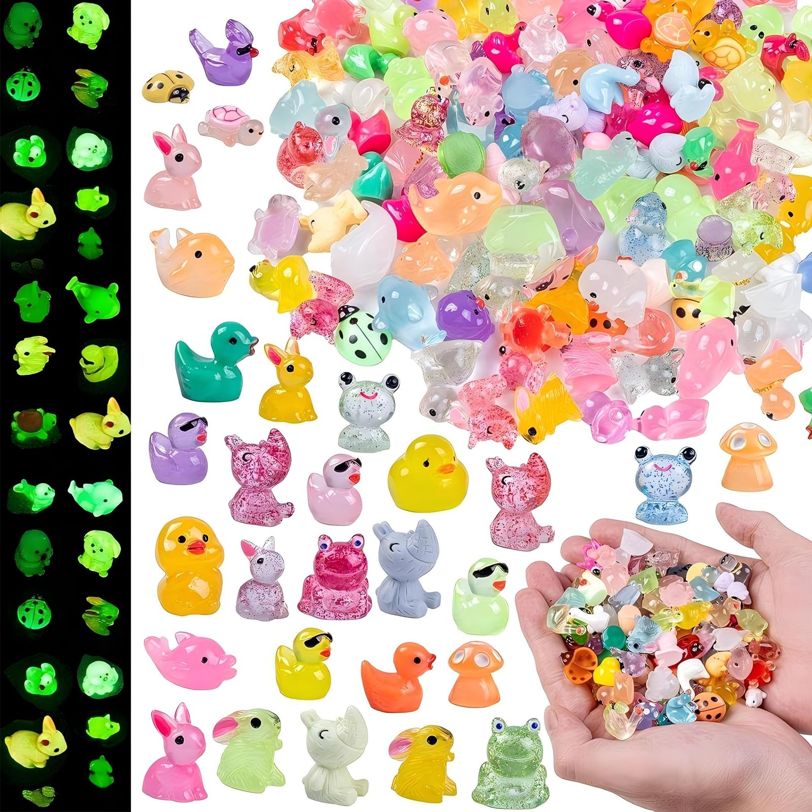 Larfraecy 120PCS Mini Resin Animals Cute Mini Ducks Glow in The Dark Tiny Figures for Terrarium Car Desk Decor Mixed 15-20 Styles Miniature Resin Frog Rabbit Dog Turtle Animals Set for DIY Crafts