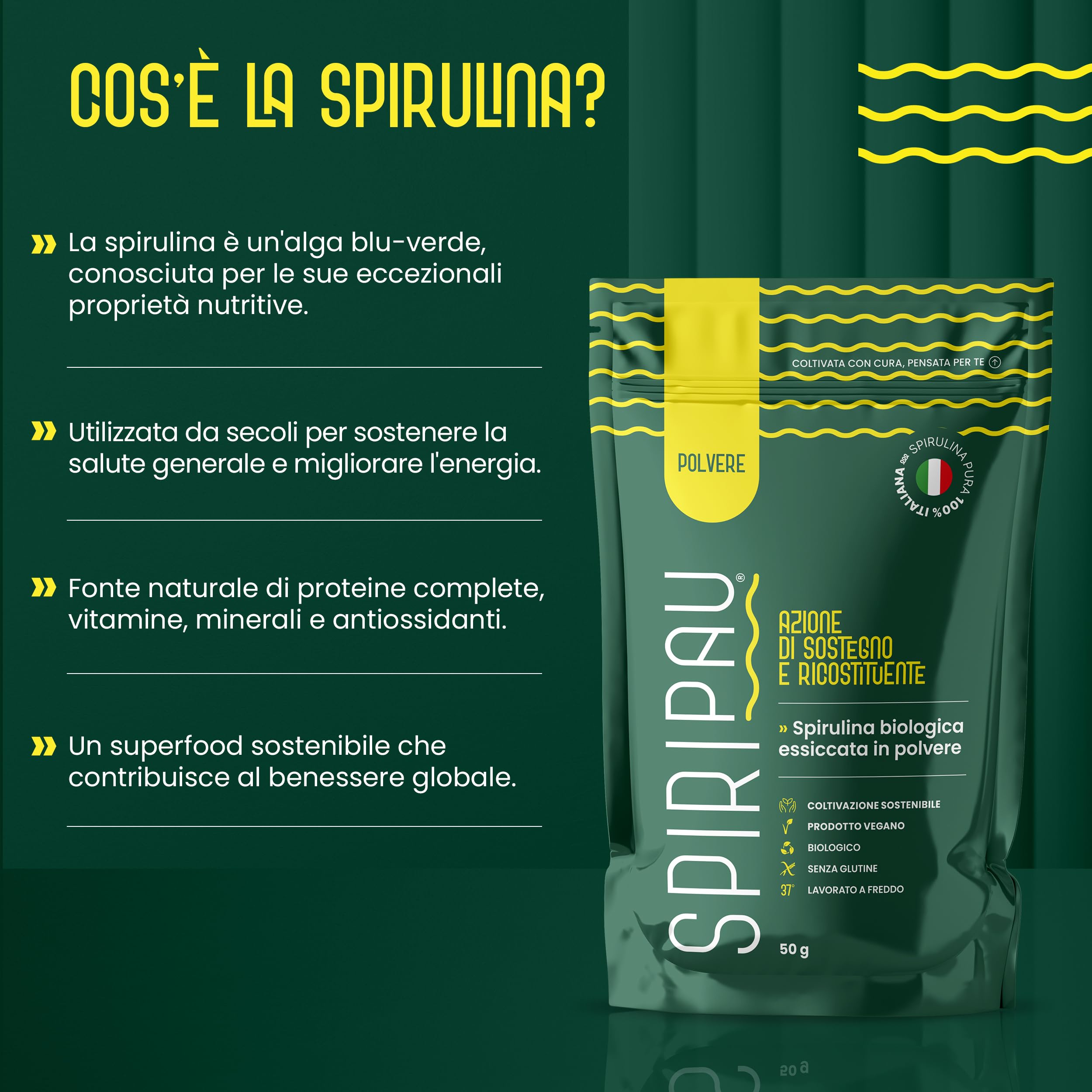 Spiripau Spirulina Bio Italiana in Polvere 50gr - Superfood Naturale - 100% Made in Italy - Azione Ricostituente - Prodotto Vegano, Senza Glutine, Biologico - Lavorato a Freddo