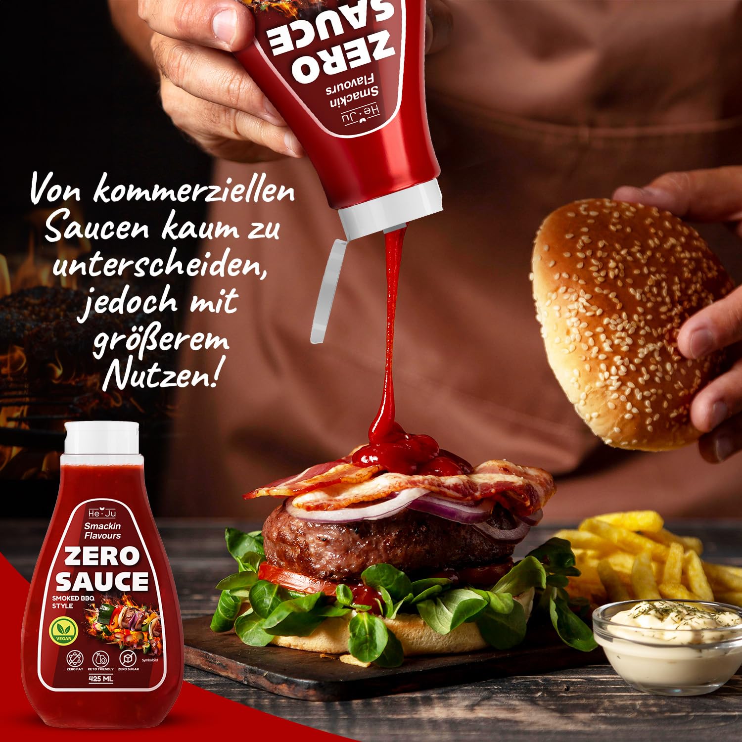 Zero Sauce Smoked BBQ 1x 425ml Light Sauce, sans graisse et sans sucre ajouté, végétalien et sans gluten, convient au régime céto (425 ml (1 paquet), Smoked BBQ Style) e)