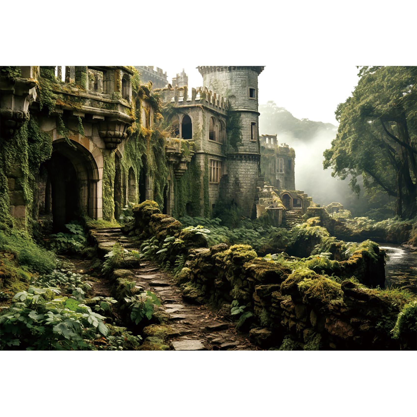YongFoto 12x8ft Forest Backdrop Medieval Castle Vintage Smoky Green Jungle Mountain Trees Meadow Magic Mysterious Photography Background Kids