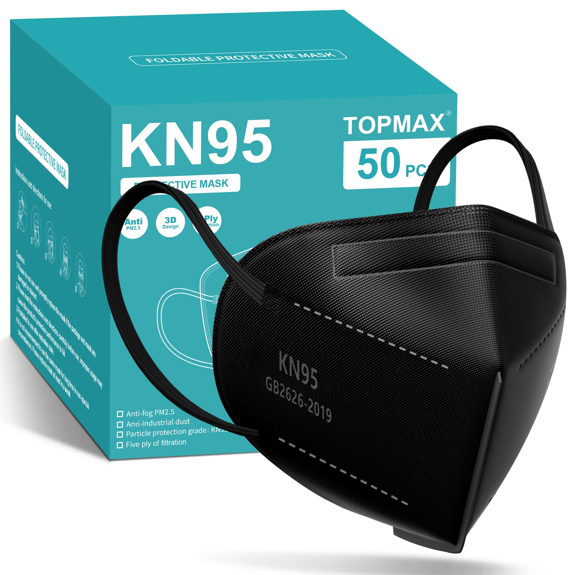 TOPMAX KN95 Face Masks 50 Pack, Filter Efficiency≥95% Disposable Masks, Breathable Face Masks, Black