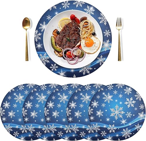 Miniatura 3 de Kcldeci Juego de 1 manteles individuales para mesa de comedor, diseño de copo de nieve de Navidad, color azul, manteles individuales redondos para