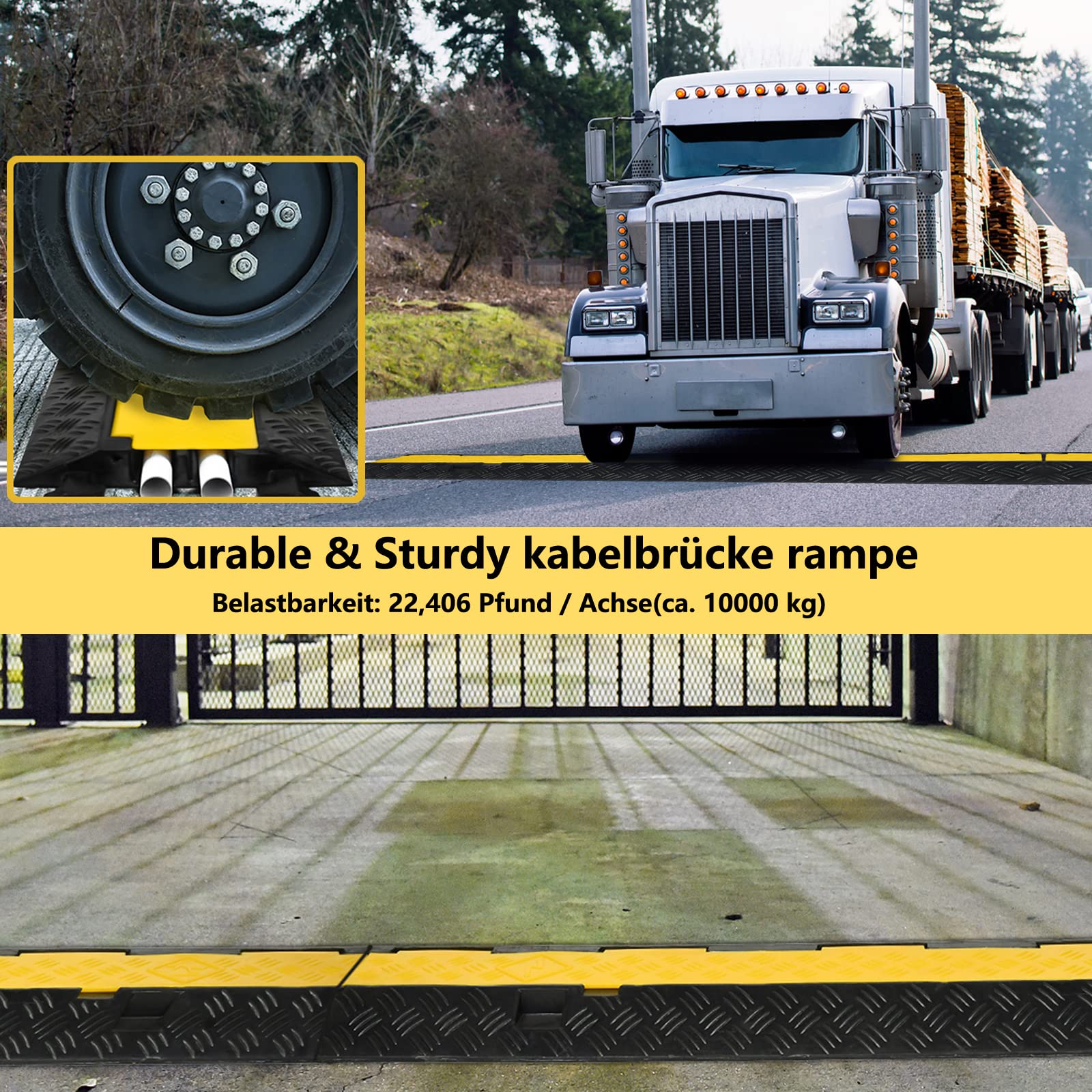 XMTECH 2X Gummi Kabelschutz Rampe, 2-Kanal Kabelbrücke überfahrbar bis 10 Tonnen Traglast, 100 x 24 x 5 cm, robuste Kabelbrücke aus Gummi, schwarz-gelb für Parkplätze, Baustellen, Lagerhallen