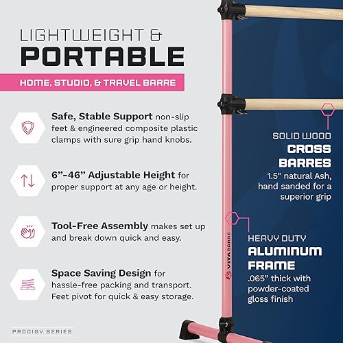 Miniatura 9 de VITA Barre Portable Freestanding Double Ballet Barre, Prodigy, Wood  Adjustable Height, USA Made, Home or Gym Exercise Equipment for Kids & Adults