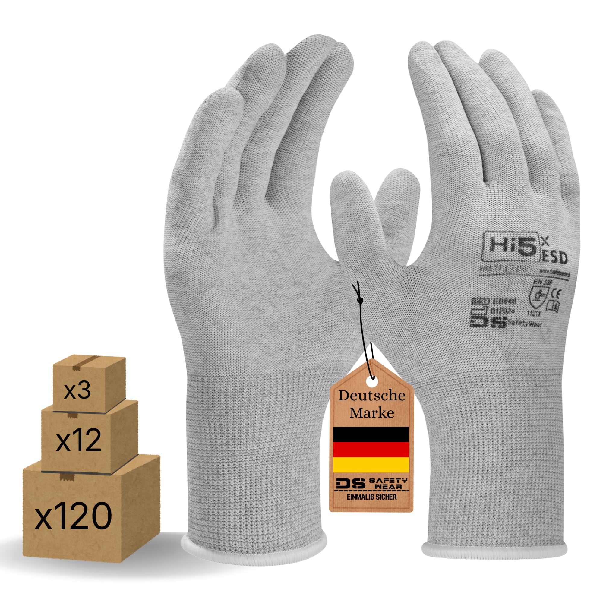 Hi5 DS SafetyWear X-ESD Arbeitshandschuhe – 13G Carbonfaser/Elasthan – ESD geeignet – EN 388:1121X – hohe Fingerfertigkeit Level 5 – Montage & Elektronik – weiß (M, 120, stück)