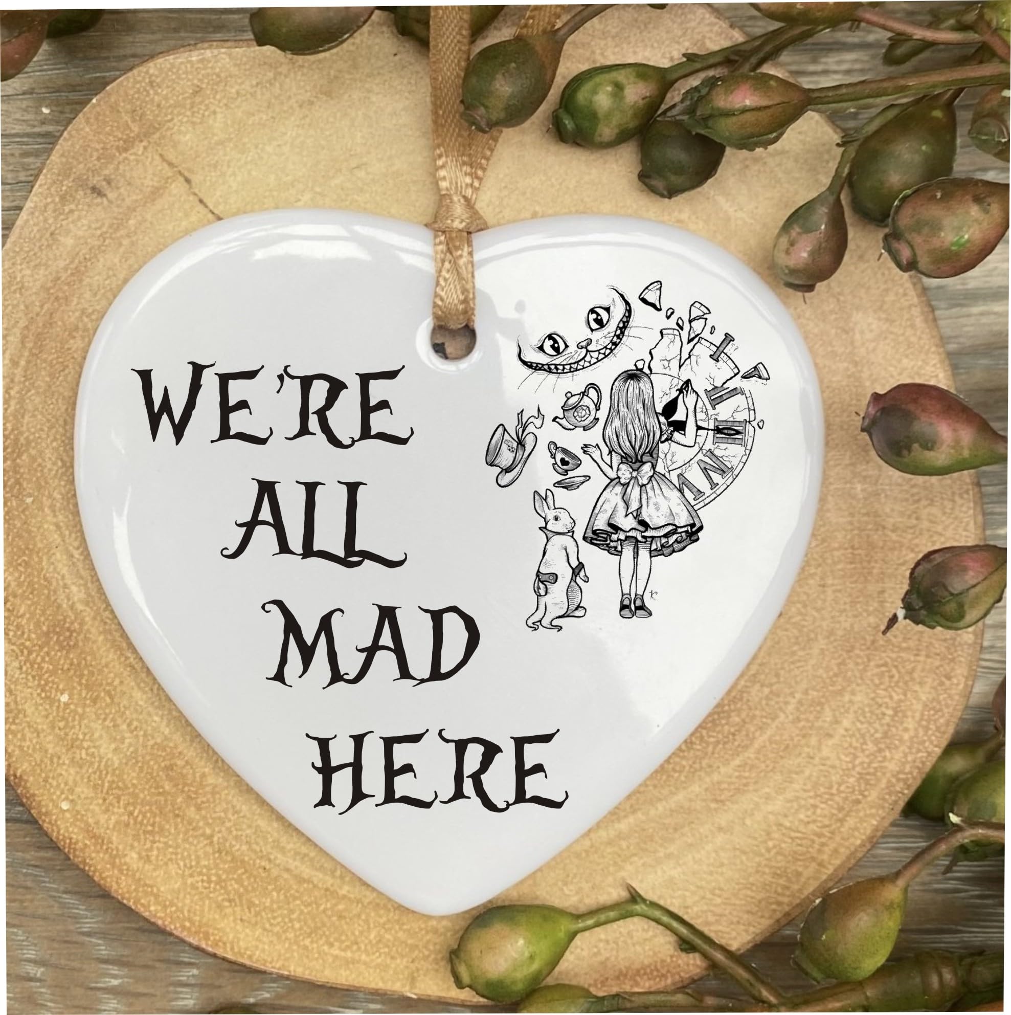 All Mad Here Alice In Wonderland Gift Quote Ceramic Heart Gift Plaque Ornament Christmas Hanging Sign cr162