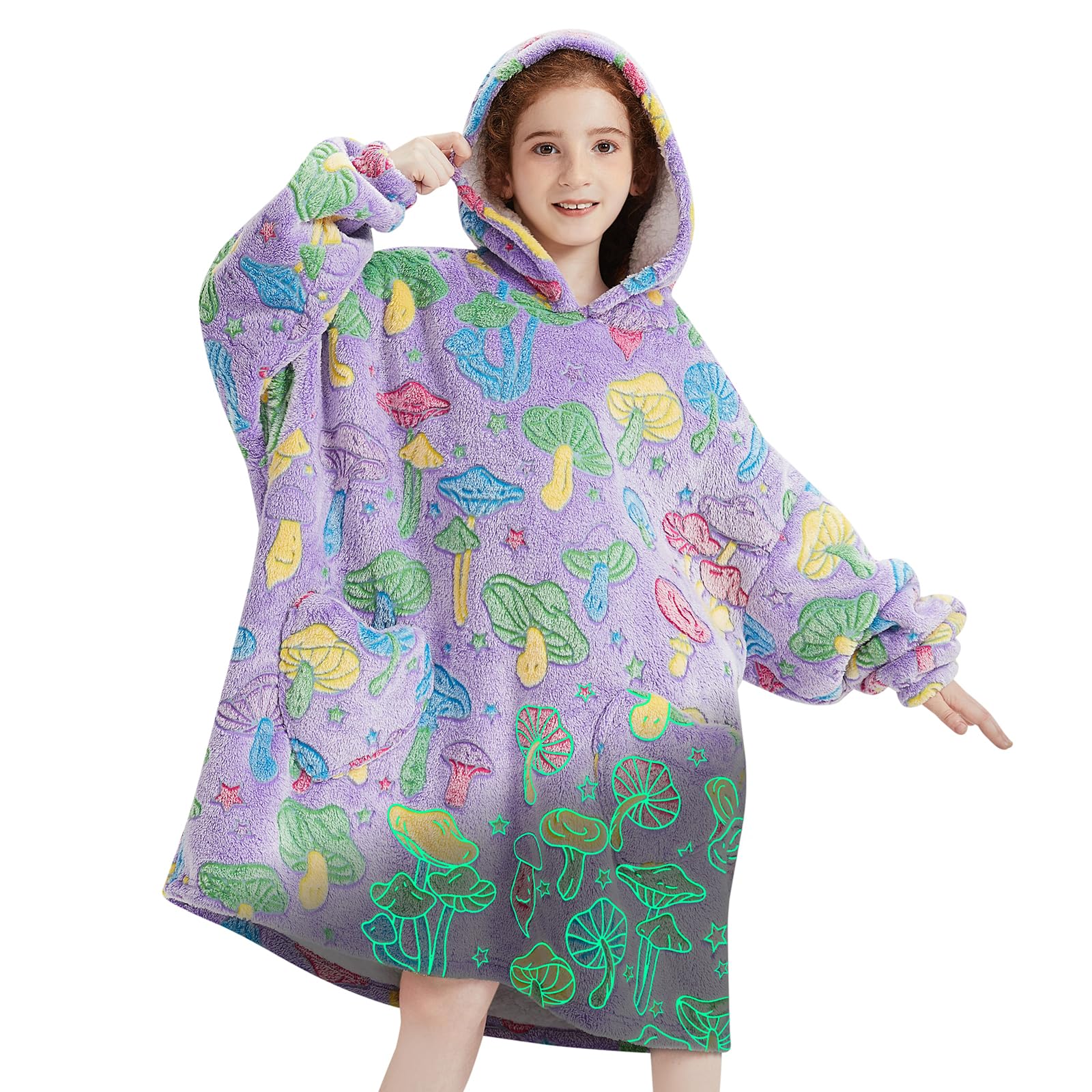 Fiosnow Glow in the Dark Mushroom Blanket Hoodies for Kids 6-13YR Oversize Wearable Blanket Hoodies for Boys Girls Teens