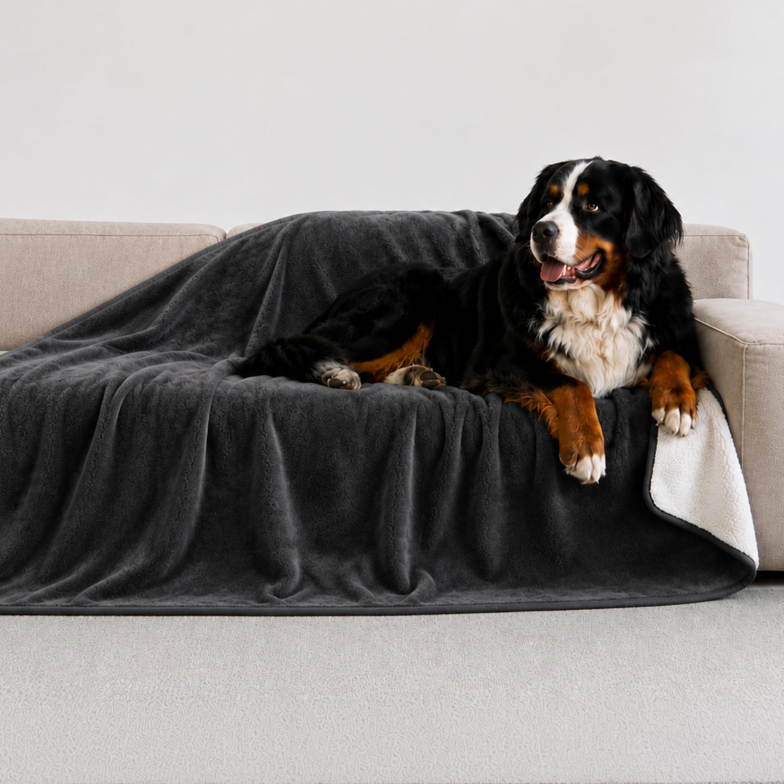 Twinzen Coperta Impermeabile per Cani 127x152 cm Grigio Scuro - Copridivano e Copriletto Reversibile in Pile Sherpa - Telo Impermeabile per Letto o Divano Lavabile