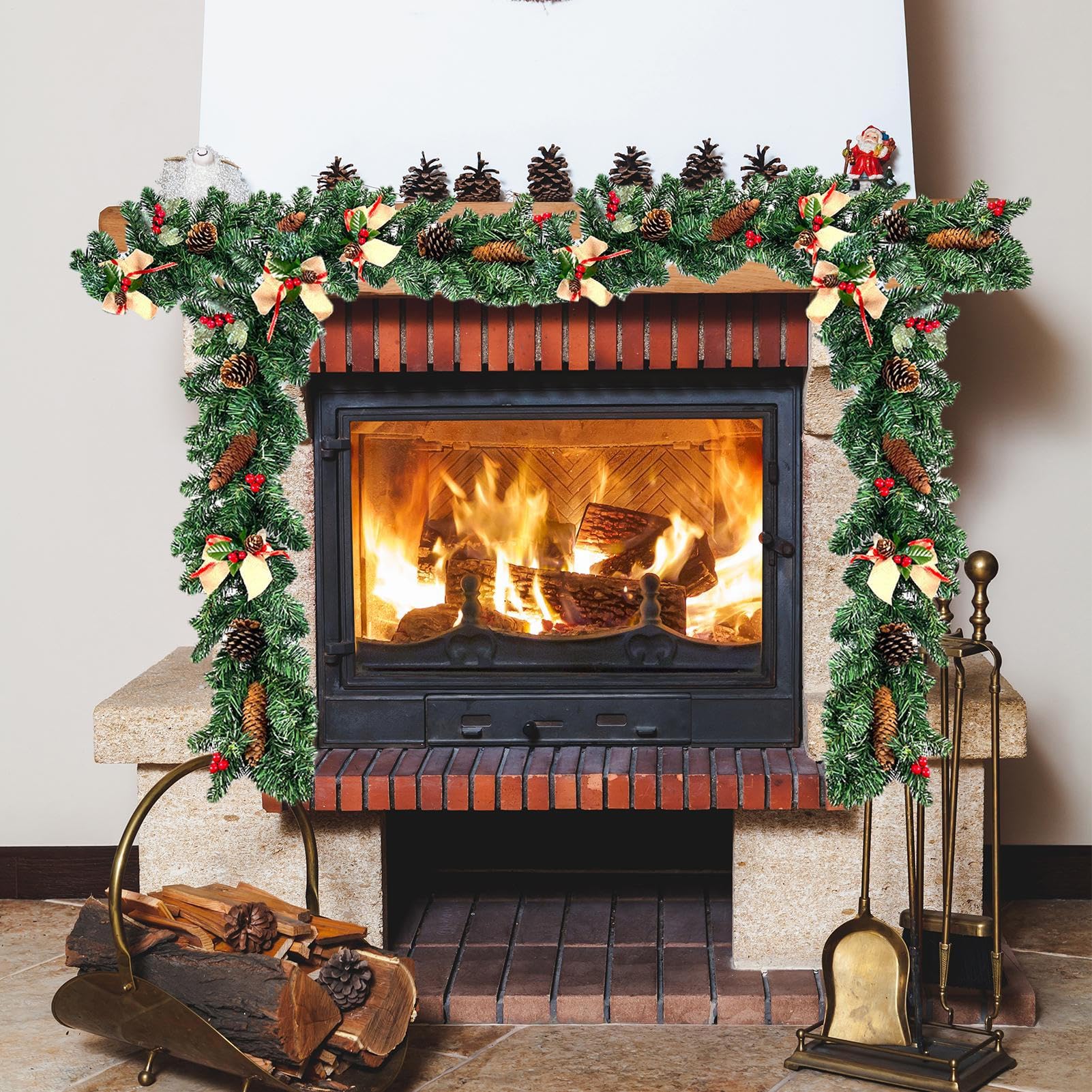 Guirlande de Noël avec Pommes de pin Déco Maison | 2,68 m Guirlande pour Noël avec baies et pommes de pin pour Table, Fenêtre, Porche, Patio, Jardin,